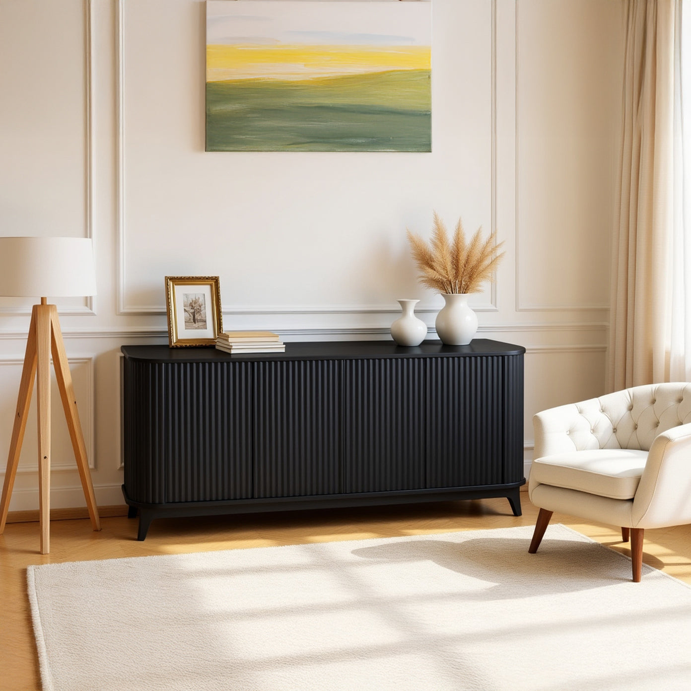Kyoto Sideboard TV Cabinet with Fluted Doors & Drawers, Black