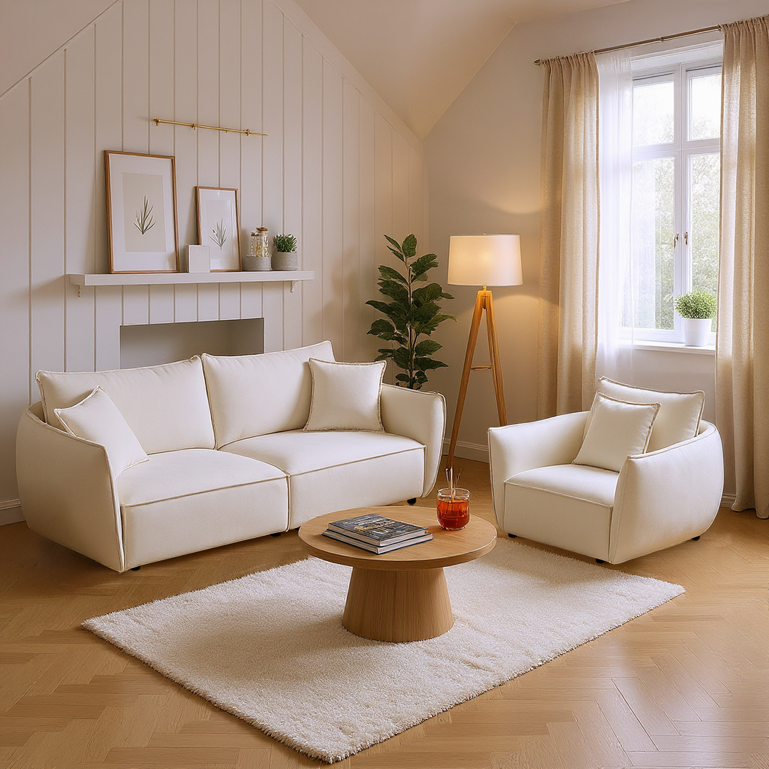 Homy Casa Phoenix 2 PC Linen Fabric Sofa Set, Loveseat Sofa & Recliner Chair, Beige Set of 2