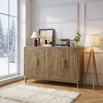 Granada 55" Sideboard Storage Cabinet with Sculpted Carved Doors, Warm Walnut Finish