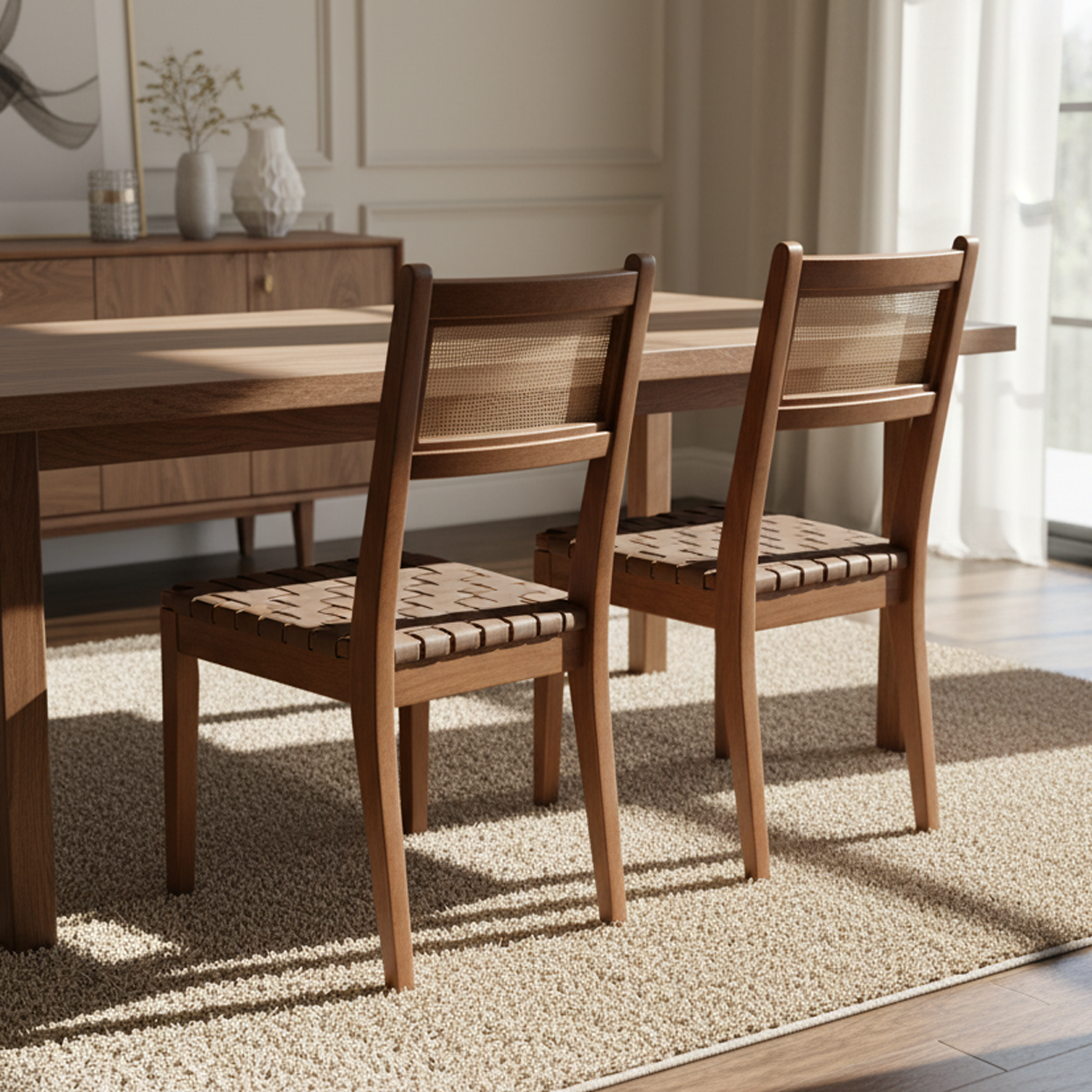 Tagus Modern Rattan Leather Woven Strips Dining Chair Set of 2