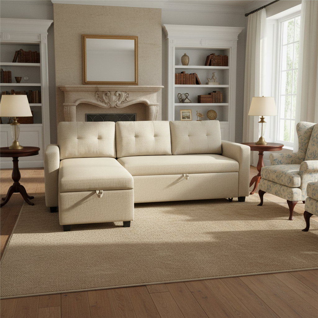Boise Upholstered Sectional Sleeper Sofa with Storage Chaise, Beige