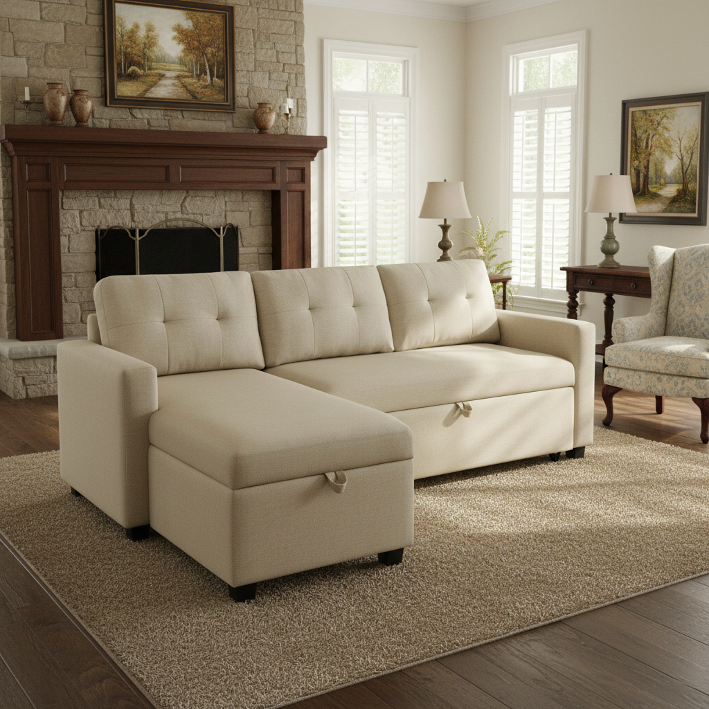 Boise Upholstered Sectional Sleeper Sofa with Storage Chaise, Beige