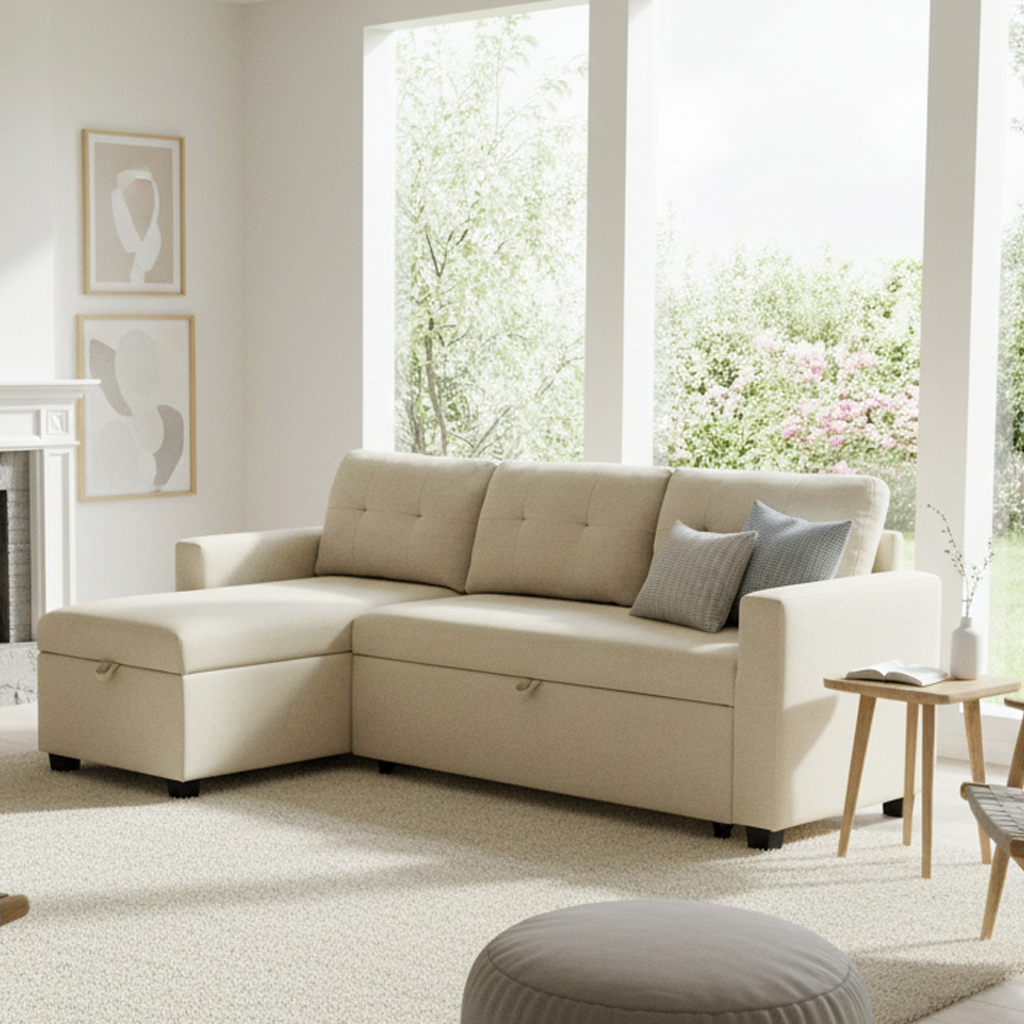 Boise Upholstered Sectional Sleeper Sofa with Storage Chaise, Beige