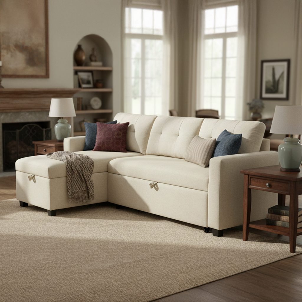 Boise Upholstered Sectional Sleeper Sofa with Storage Chaise, Beige