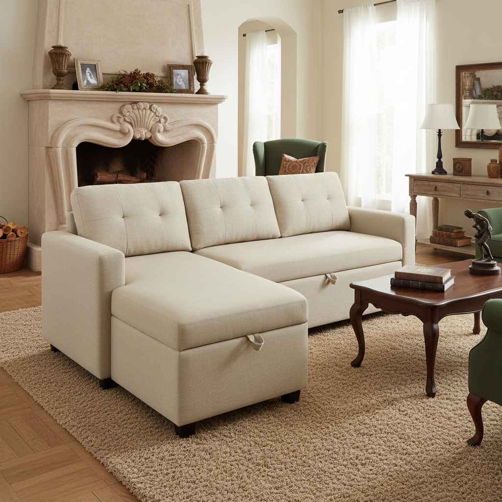 Boise Upholstered Sectional Sleeper Sofa with Storage Chaise, Beige