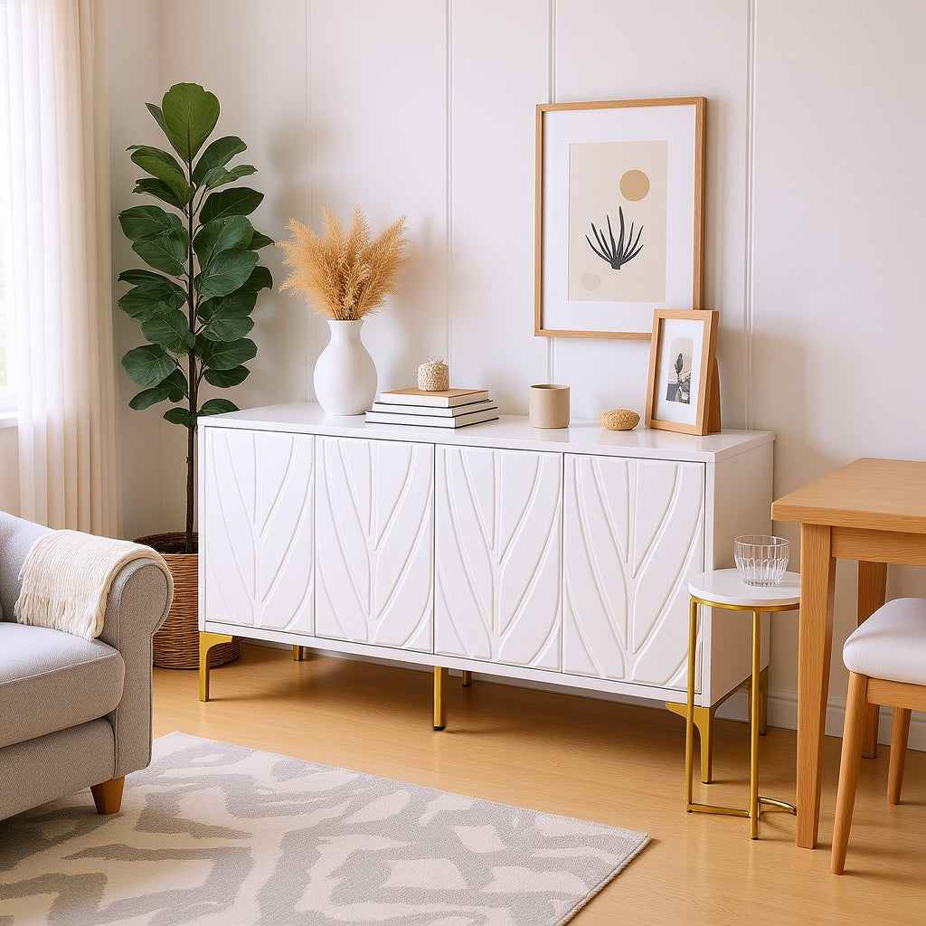 Prague Carved 4 Door Sideboard Buffet Cabinet, White