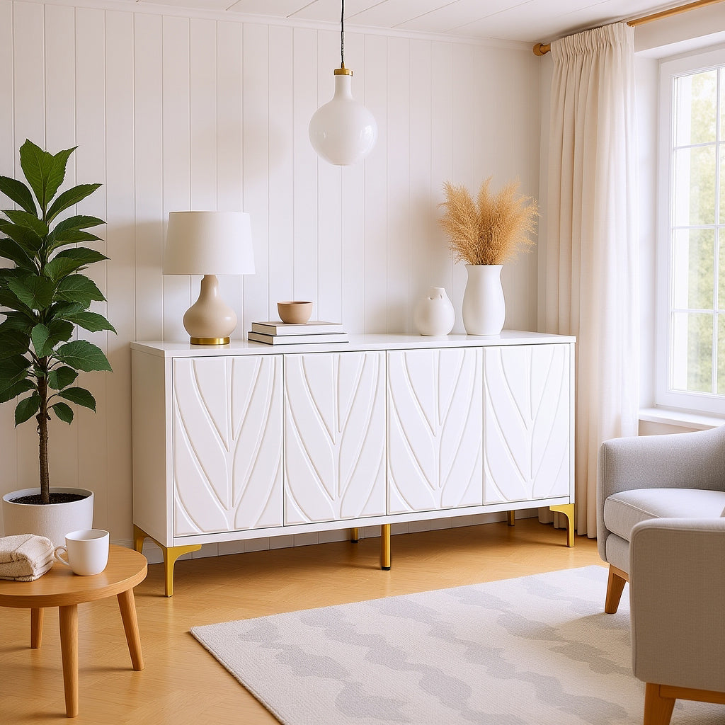 Prague Carved 4 Door Sideboard Buffet Cabinet, White