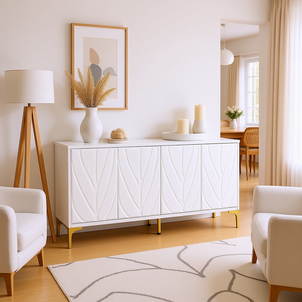 Prague Carved 4 Door Sideboard Buffet Cabinet, White