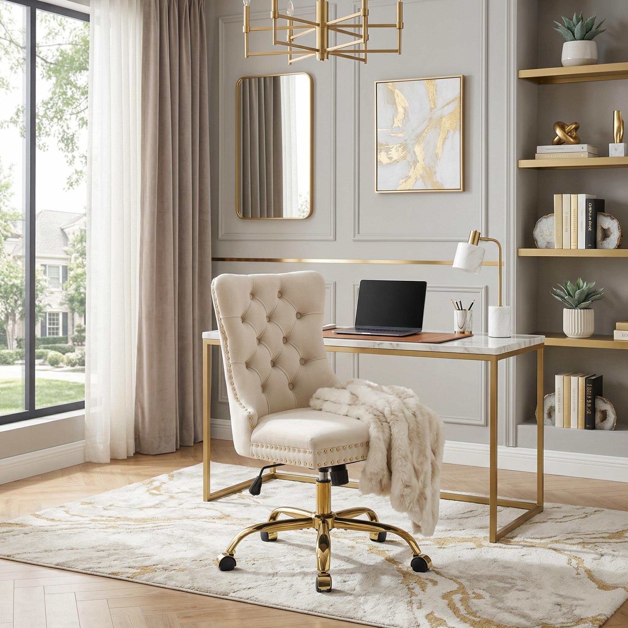 Ingrid Velvet Upholstered Swivel Office Chair with Tufted Buttons
