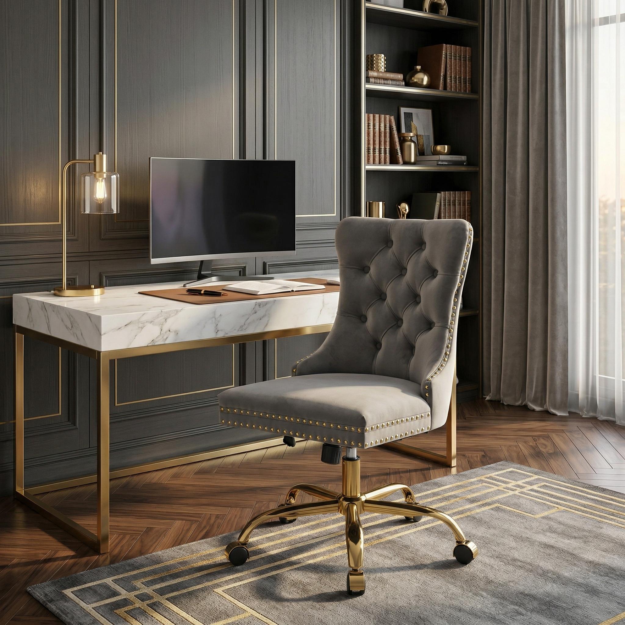 Ingrid Velvet Upholstered Swivel Office Chair with Tufted Buttons