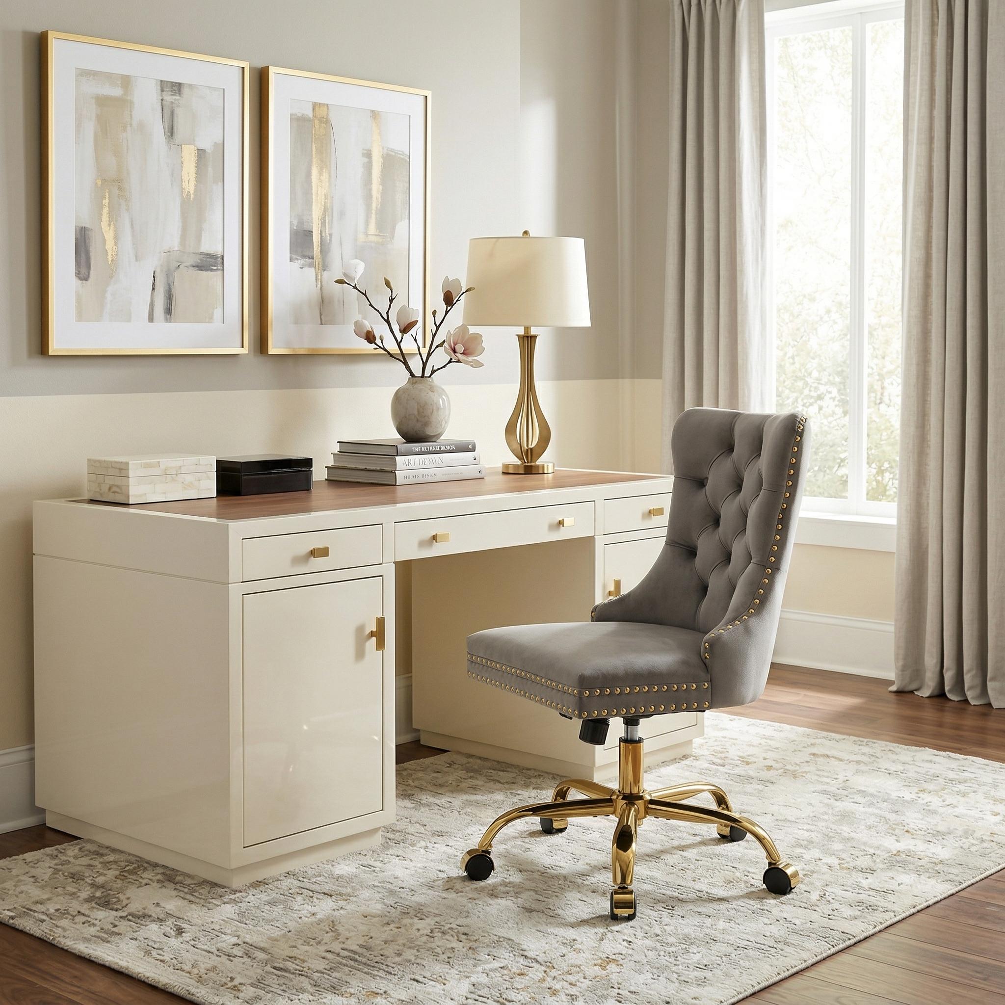 Ingrid Velvet Upholstered Swivel Office Chair with Tufted Buttons