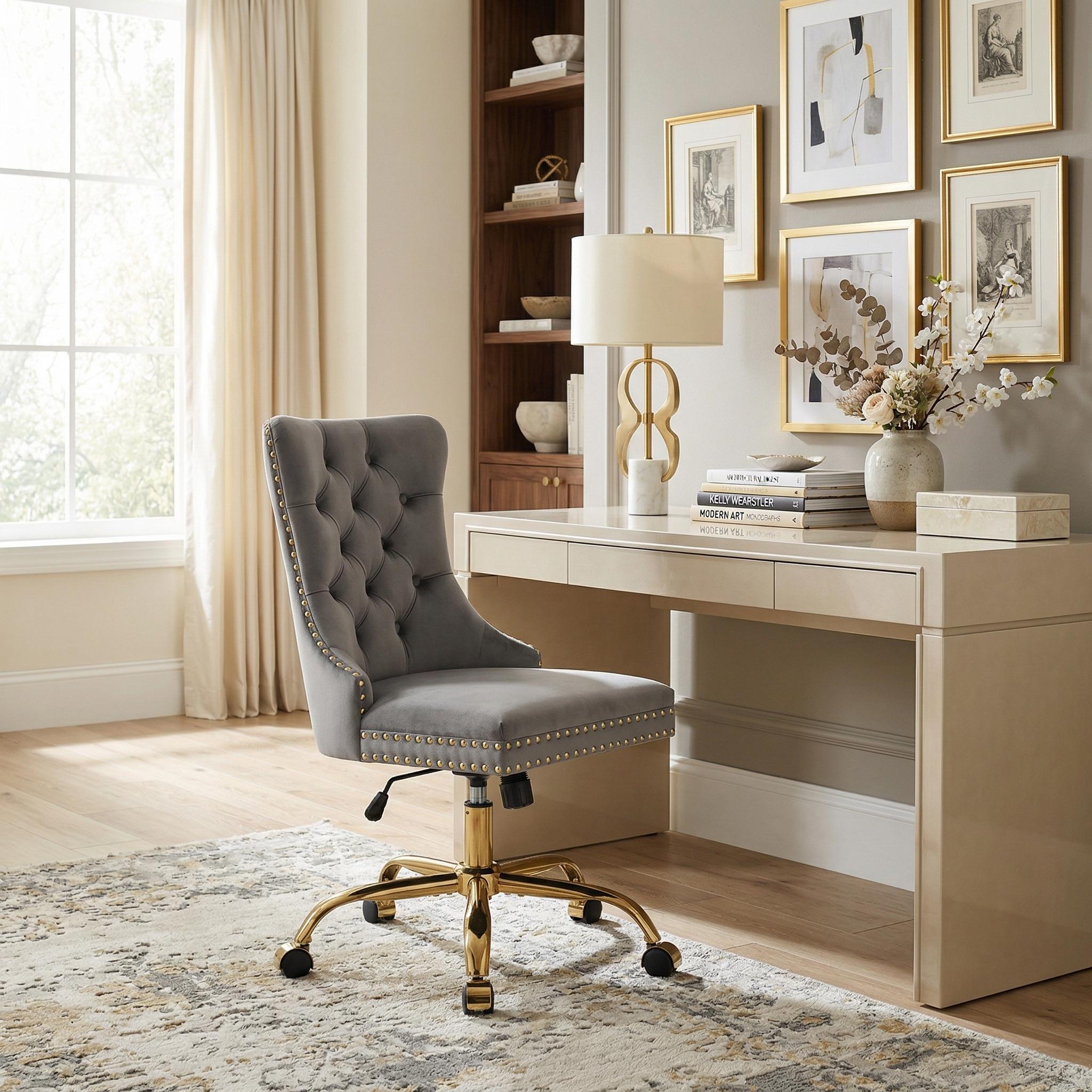 Ingrid Velvet Upholstered Swivel Office Chair with Tufted Buttons