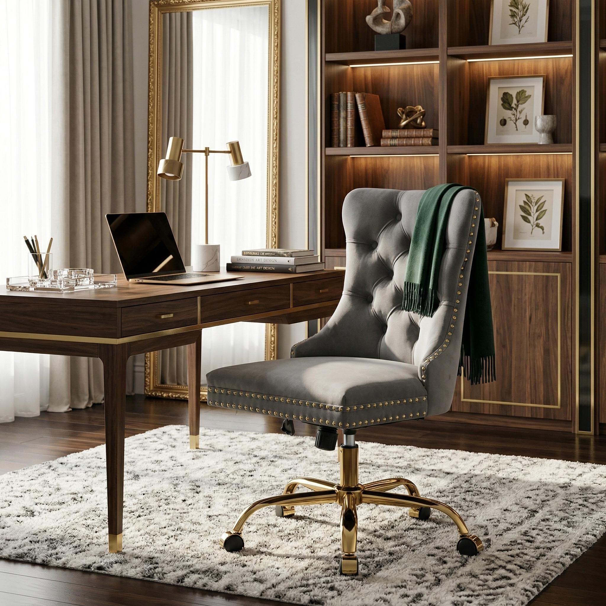 Ingrid Velvet Upholstered Swivel Office Chair with Tufted Buttons