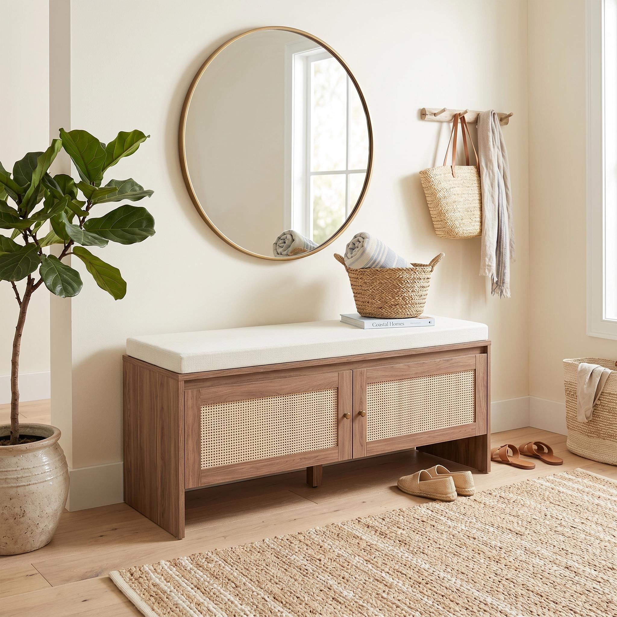Isolde 39" Rattan Shoe Storage Bench with Cushioned Seat