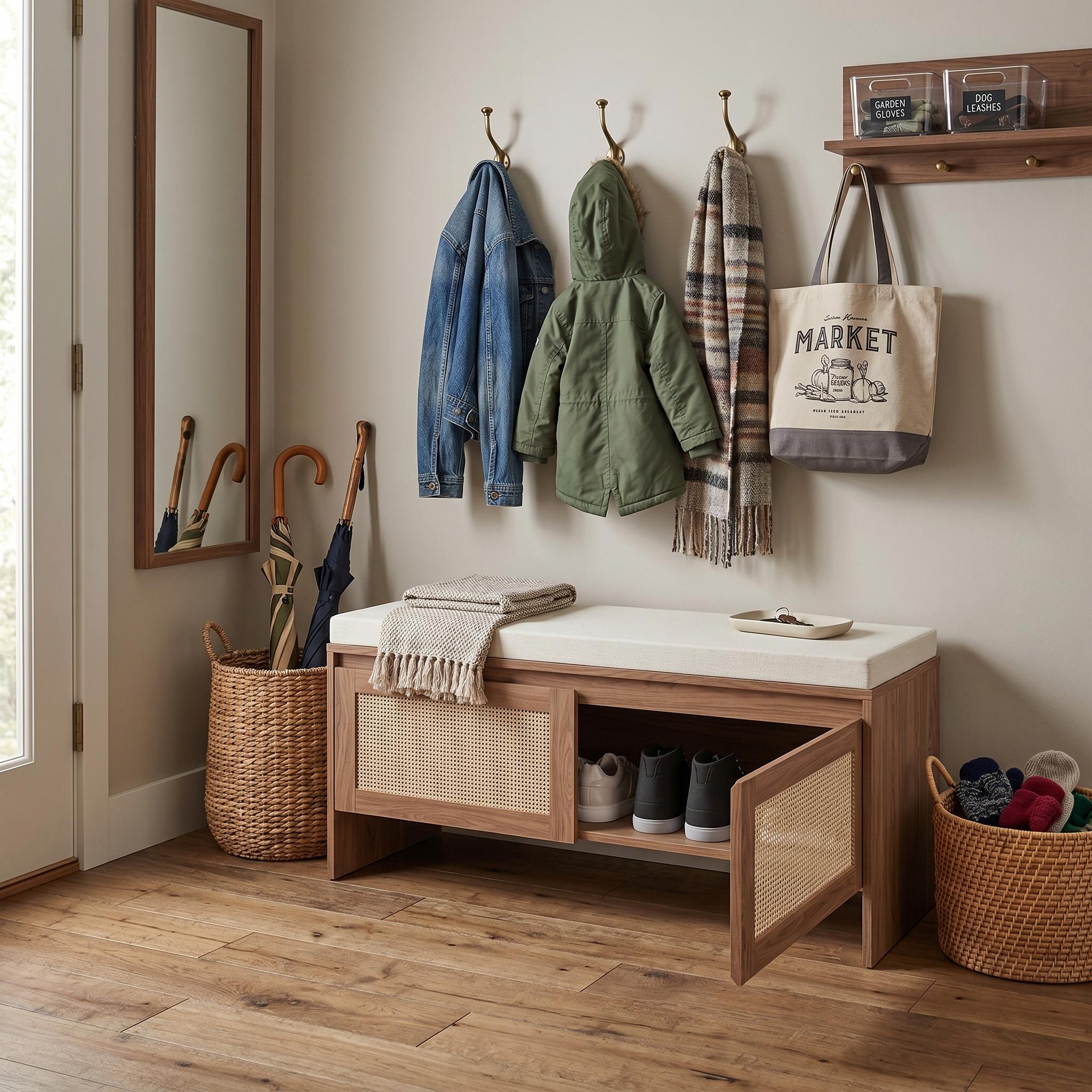 Isolde 39" Rattan Shoe Storage Bench with Cushioned Seat
