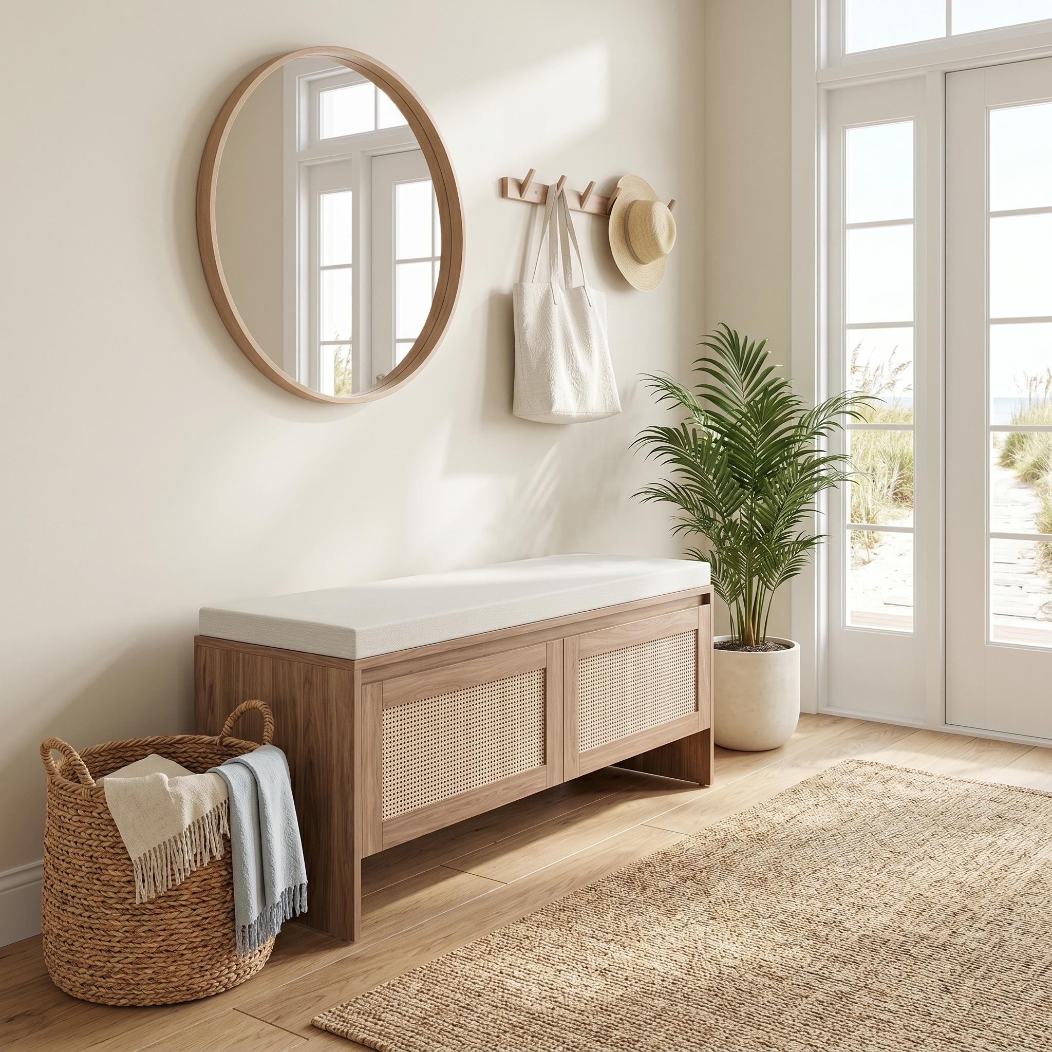 Isolde 39" Rattan Shoe Storage Bench with Cushioned Seat
