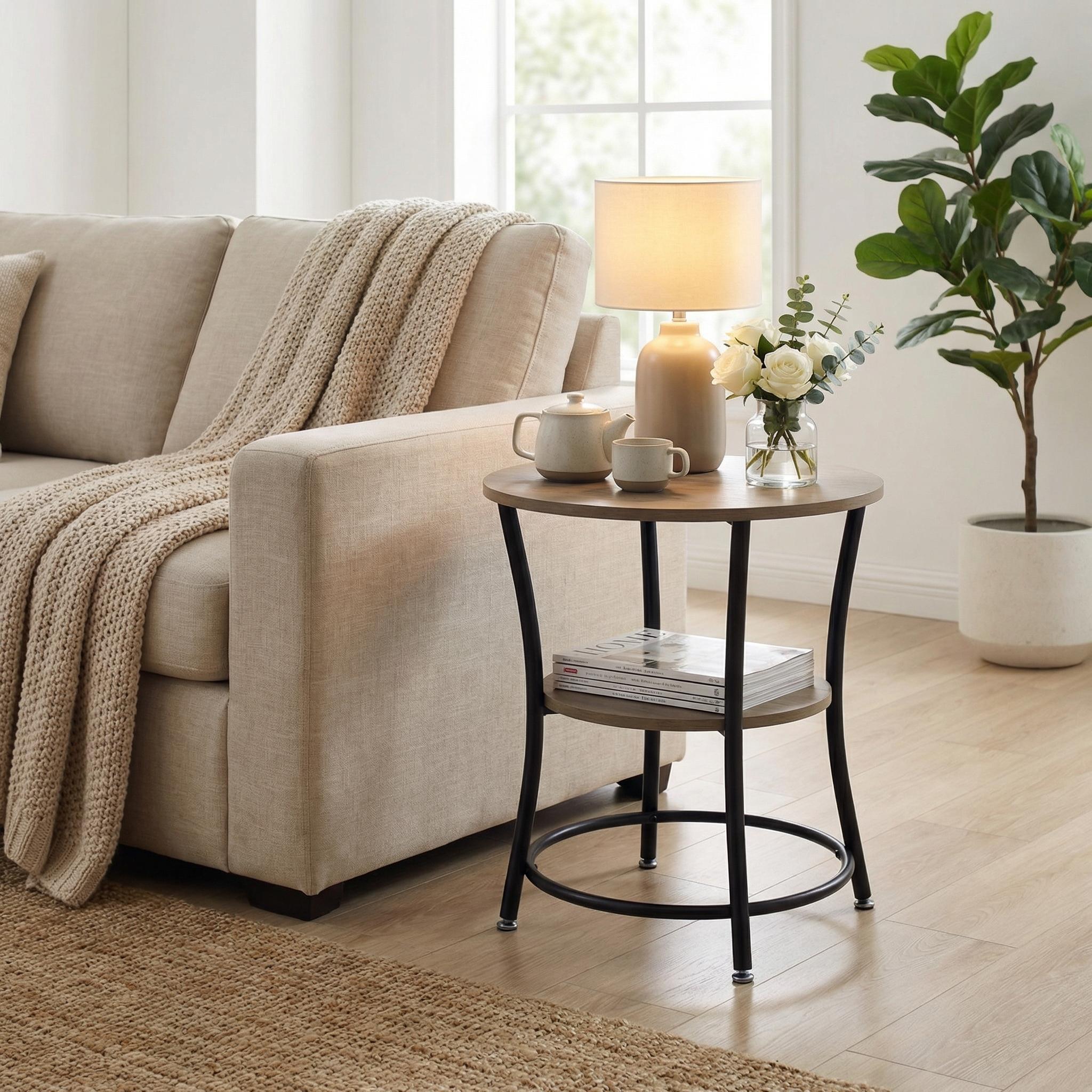 Homy Casa Jago Round End Table with Two-Tier Storage, Wood Top Side Table with Metal Frame