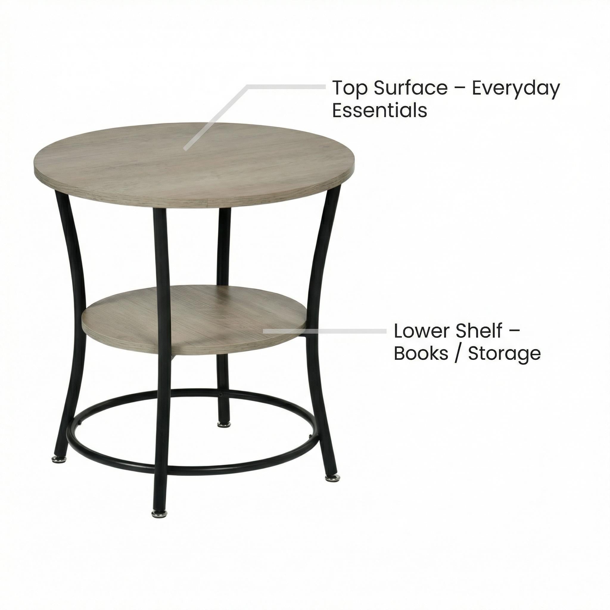 Homy Casa Jago Round End Table with Two-Tier Storage, Wood Top Side Table with Metal Frame
