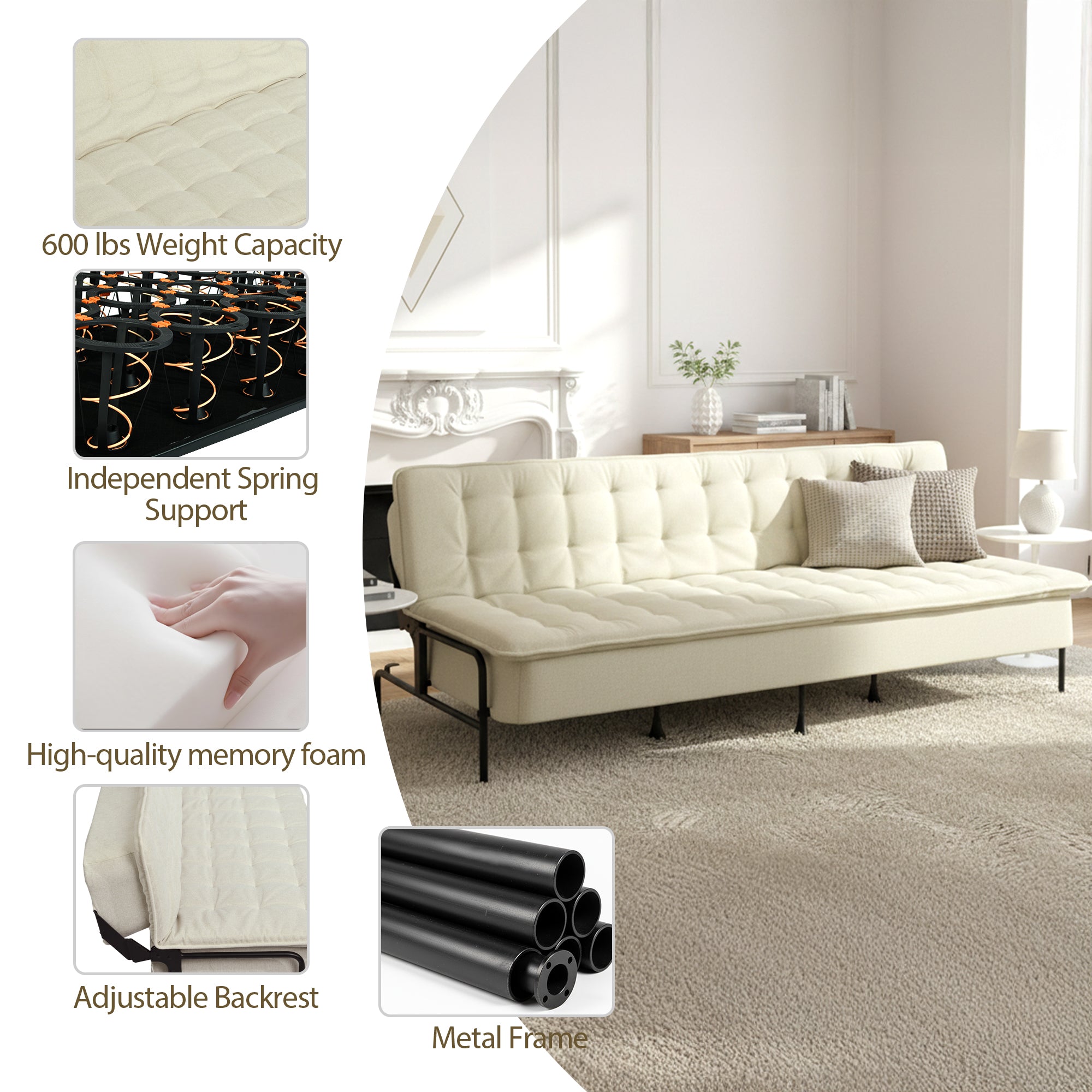 Homy Casa JAKO 77" 3 Seater Sofa Bed Convertible Sleeper, Beige