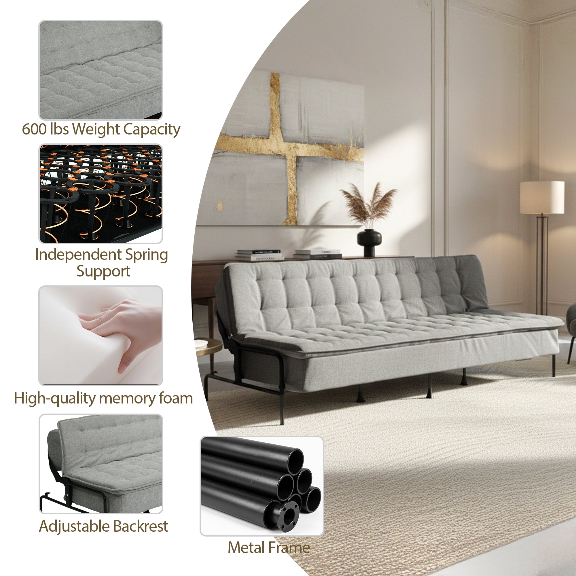 Homy Casa JAKO 77" 3 Seater Sofa Bed Convertible Sleeper, Grey