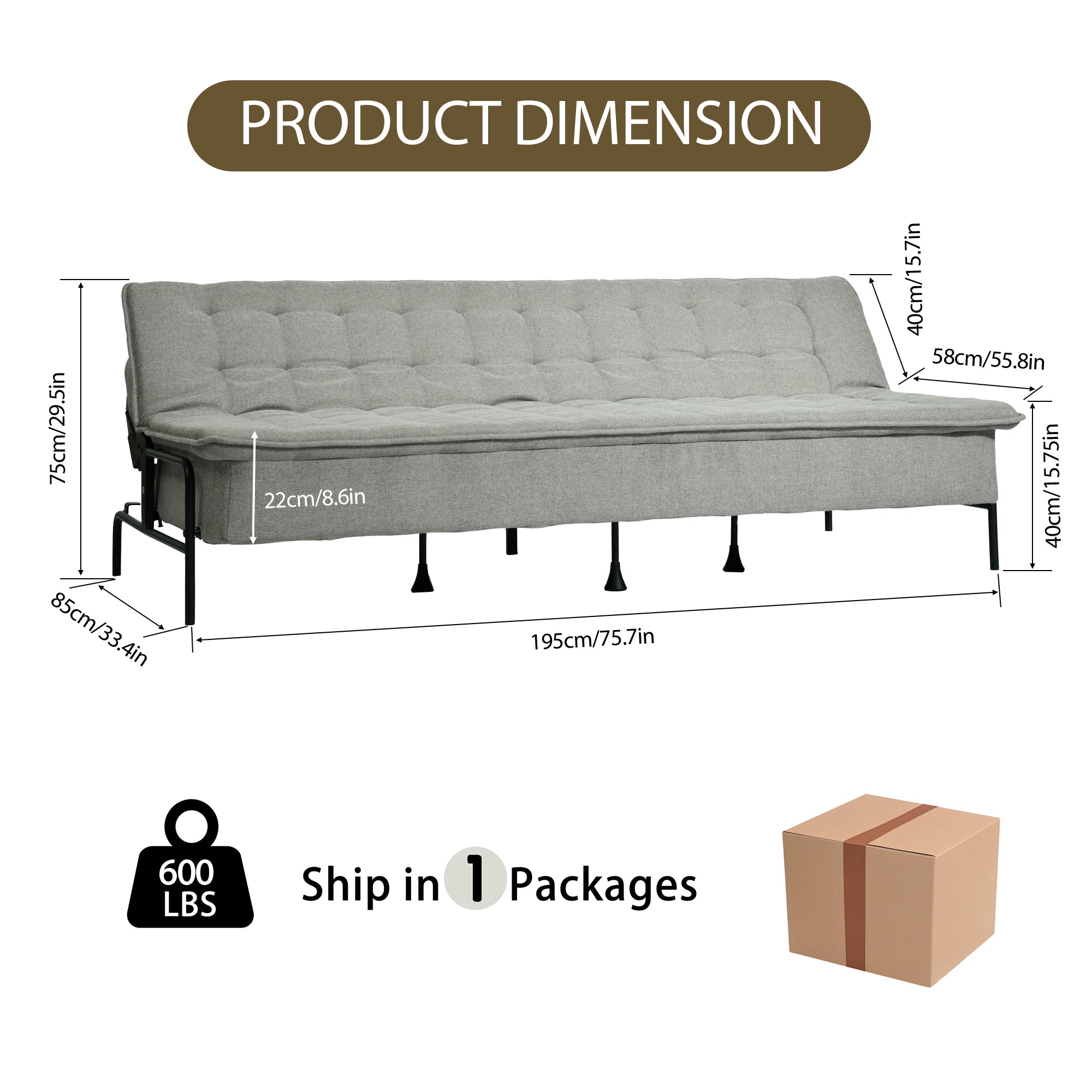 Homy Casa JAKO 77" 3 Seater Sofa Bed Convertible Sleeper, Grey