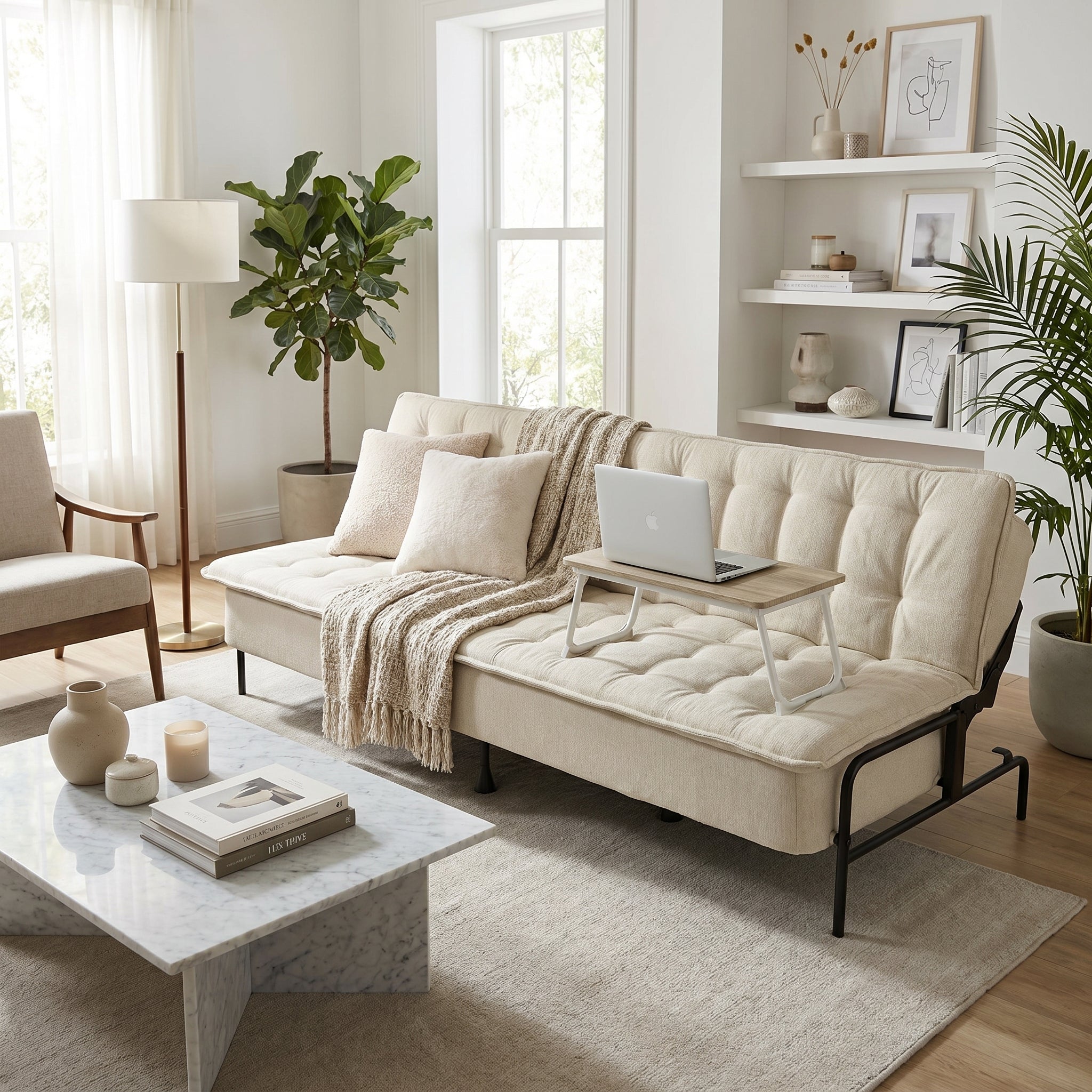 Homy Casa Jako+Mamie Living Room Furniture Set Beige Sofa Bed & Beech White Laptop Table