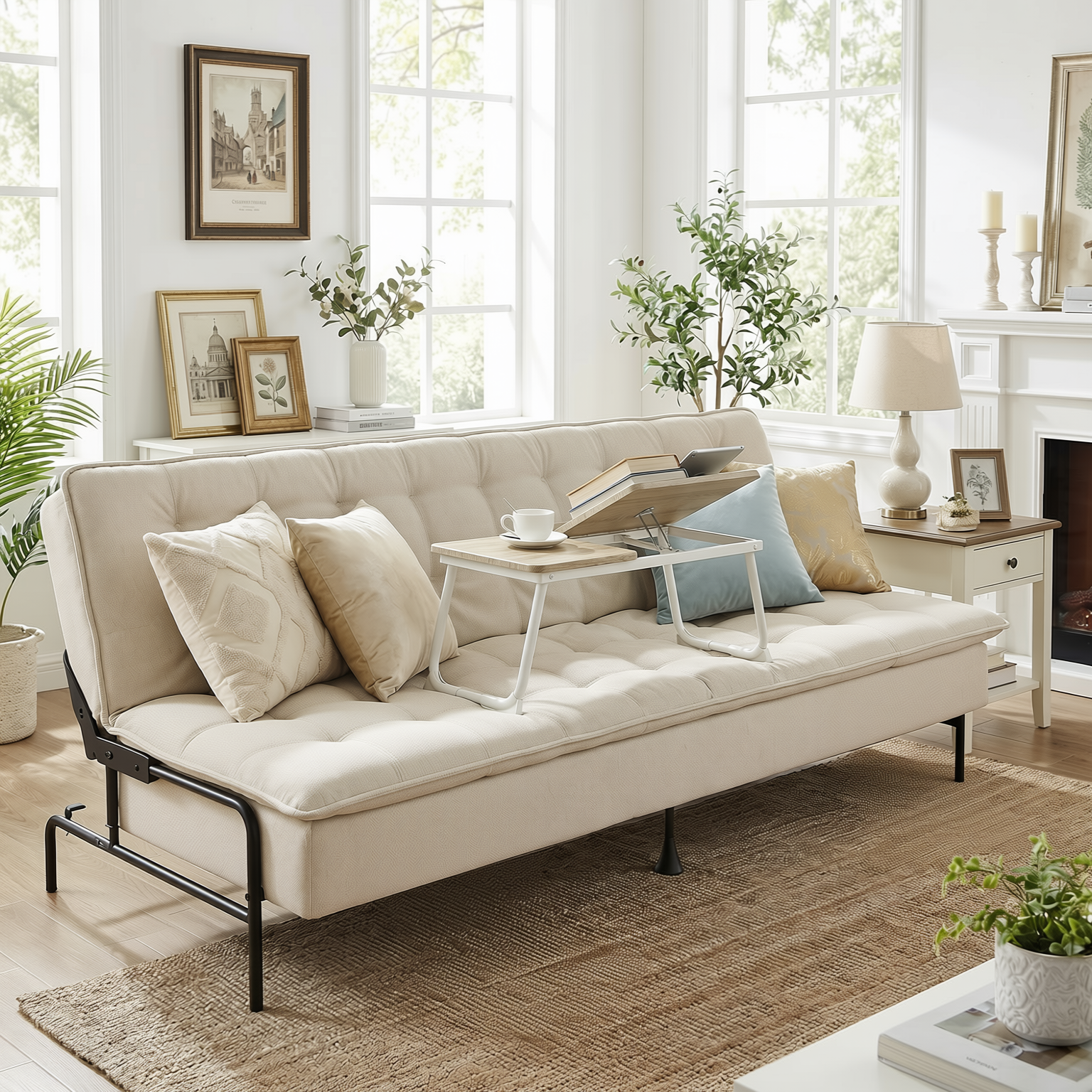 Homy Casa Jako+Mamie Living Room Furniture Set Beige Sofa Bed & Beech White Laptop Table