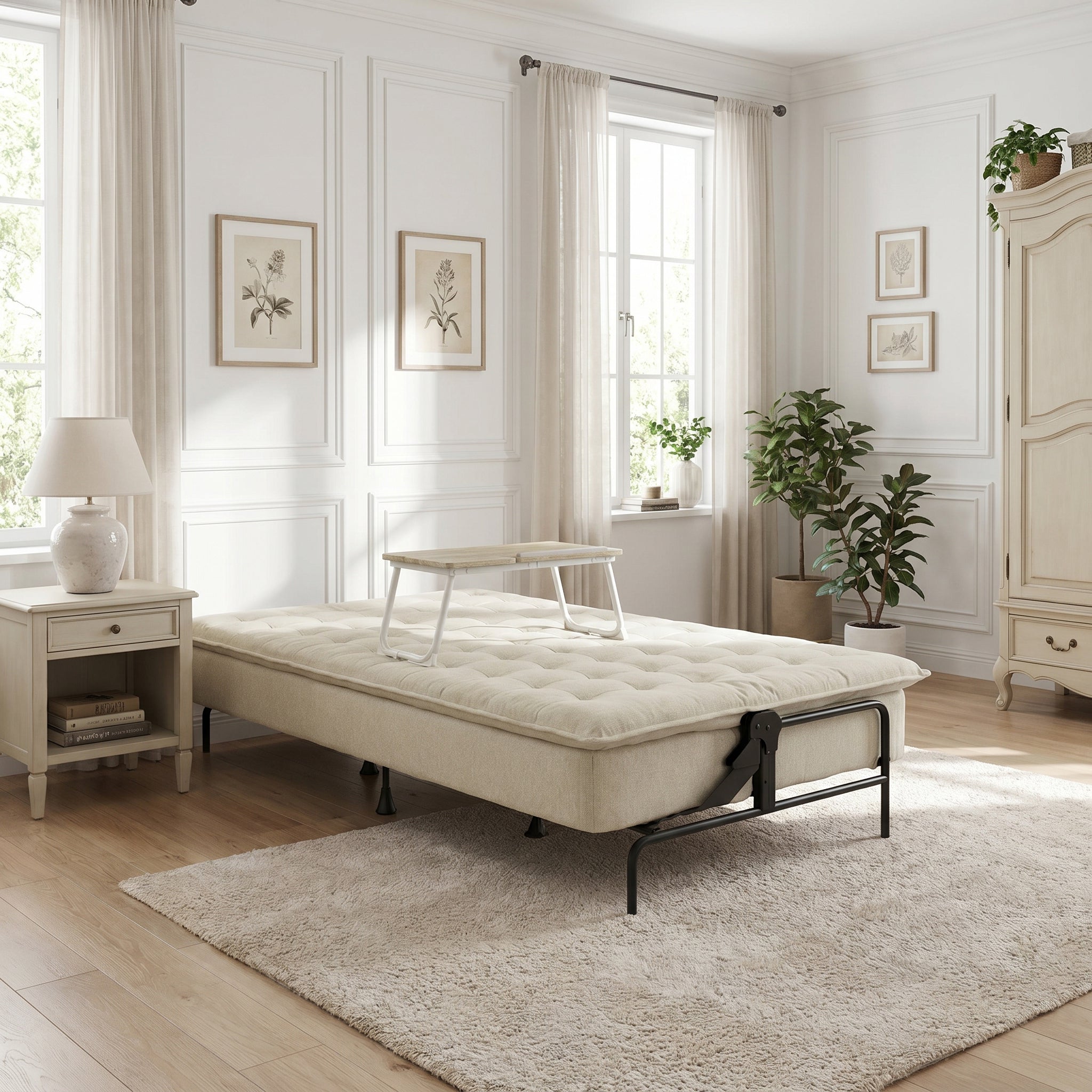 Homy Casa Jako+Mamie Living Room Furniture Set Beige Sofa Bed & Beech White Laptop Table