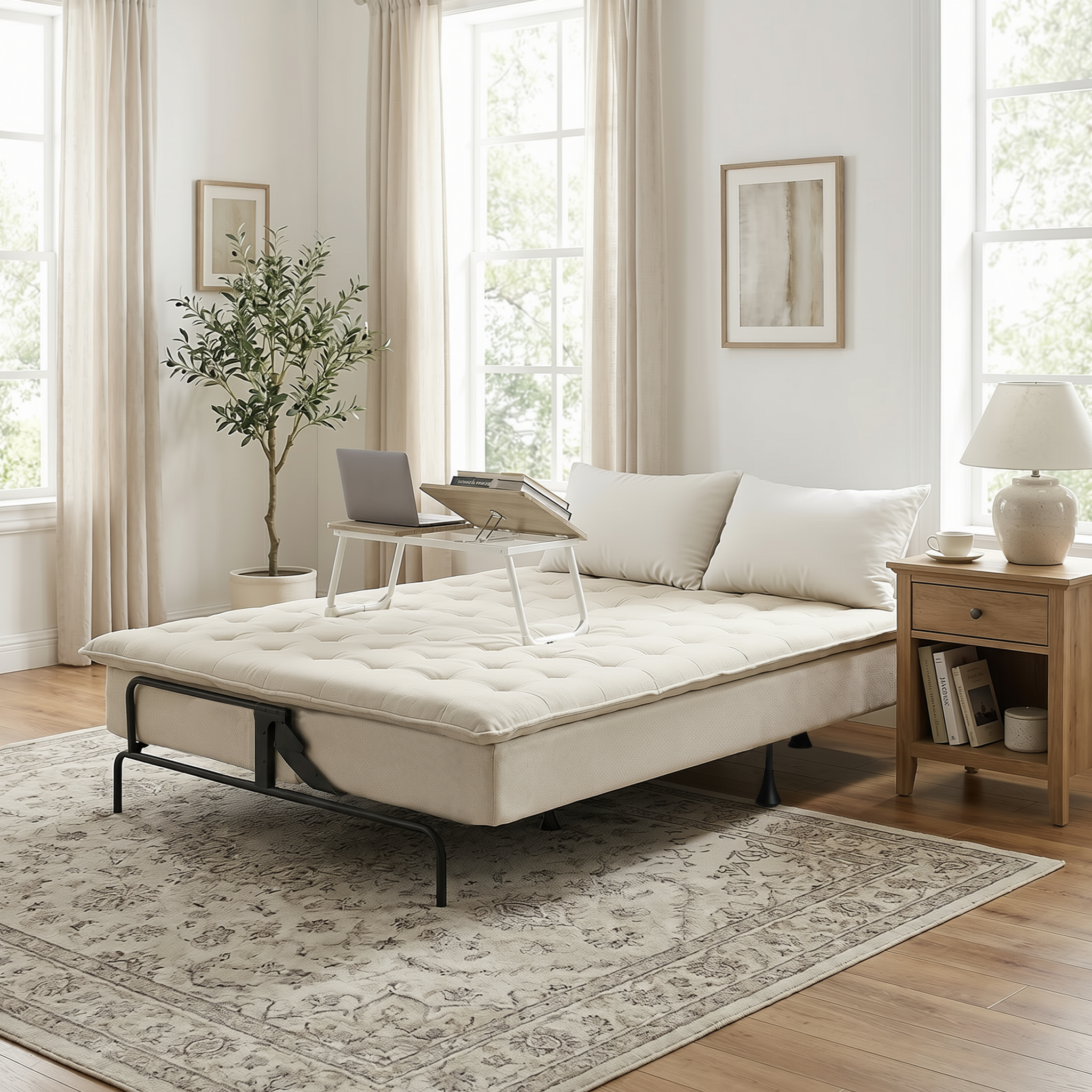 Homy Casa Jako+Mamie Living Room Furniture Set Beige Sofa Bed & Beech White Laptop Table
