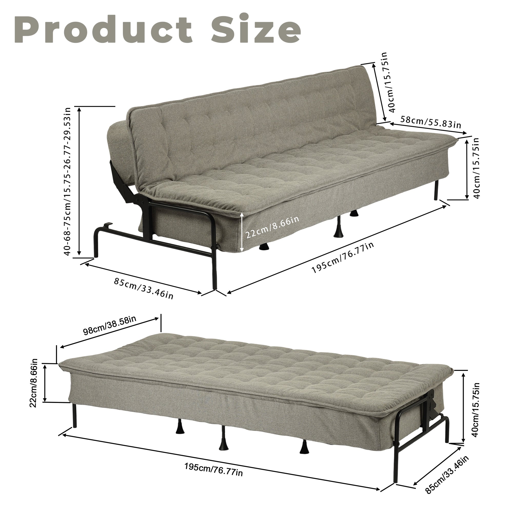 Homy Casa JAKO 77" 3 Seater Sofa Bed Convertible Sleeper, Grey
