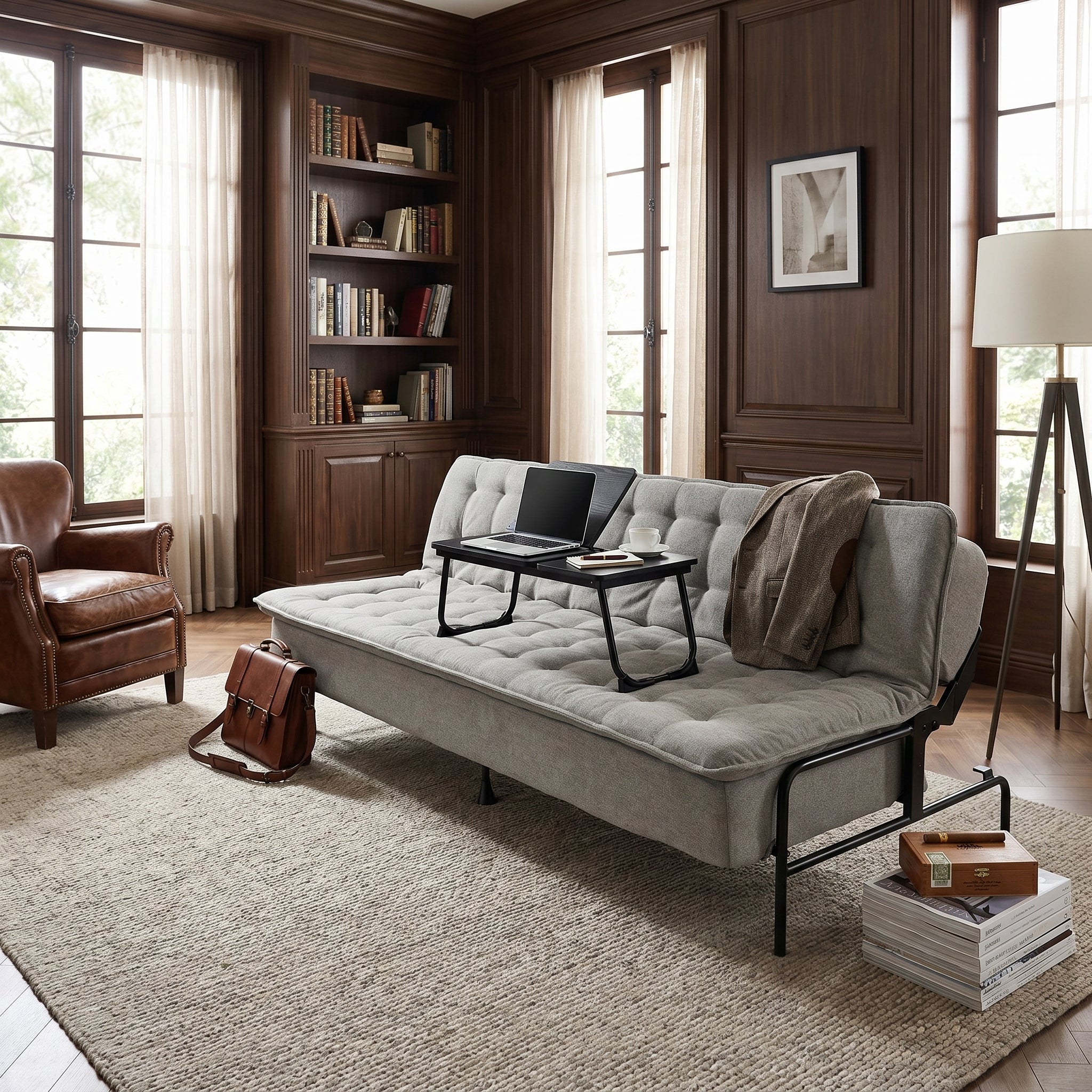 Homy Casa Jako+Mamie Living Room Furniture Set Grey Sofa Bed with Black Wood Laptop Table