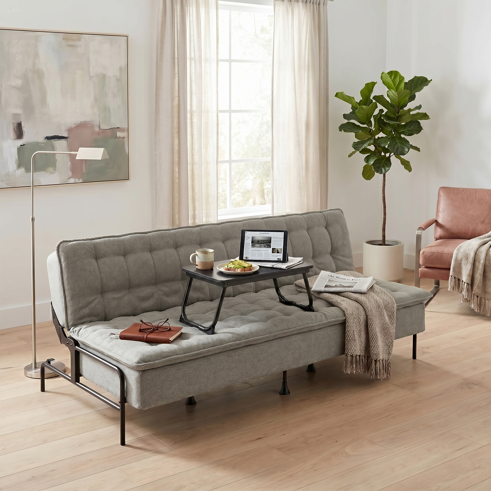 Homy Casa Jako+Mamie Living Room Furniture Set Grey Sofa Bed with Black Wood Laptop Table