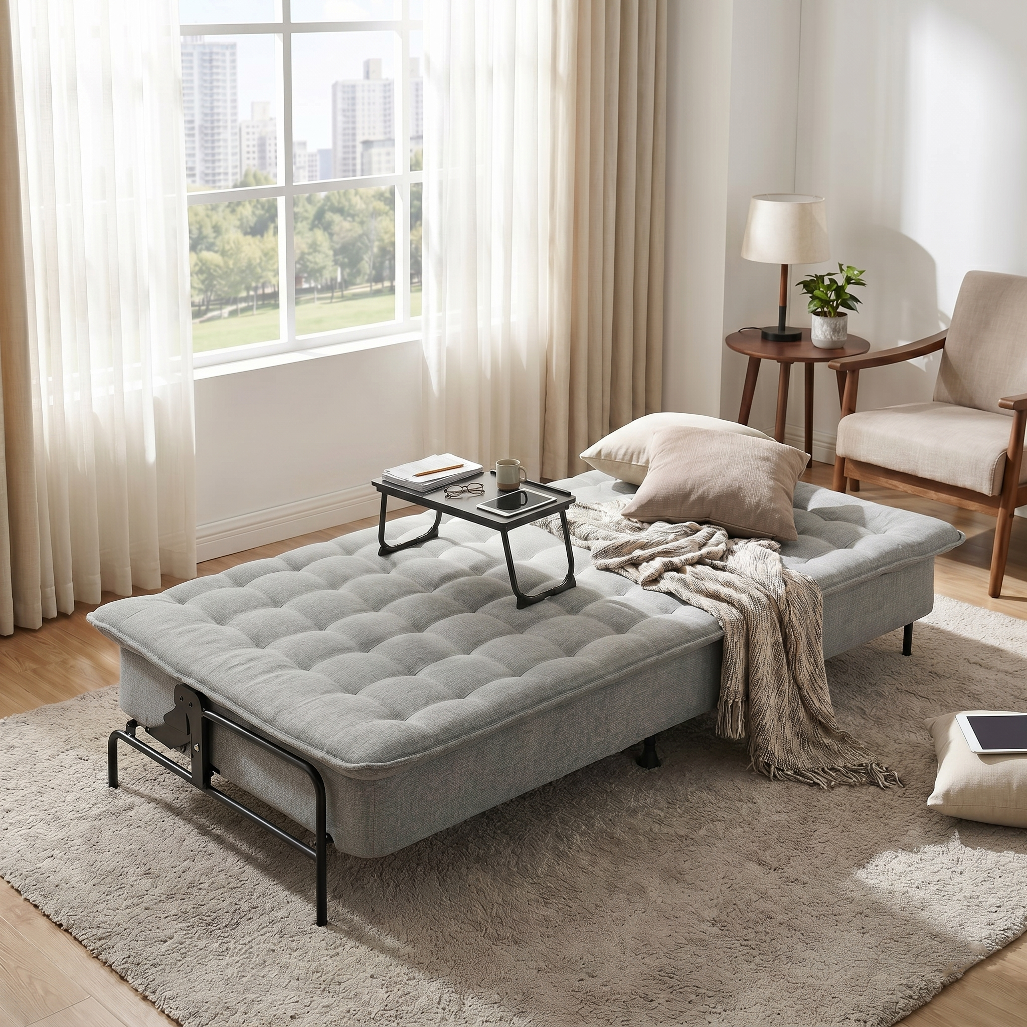 Homy Casa Jako+Mamie Living Room Furniture Set Grey Sofa Bed with Black Wood Laptop Table