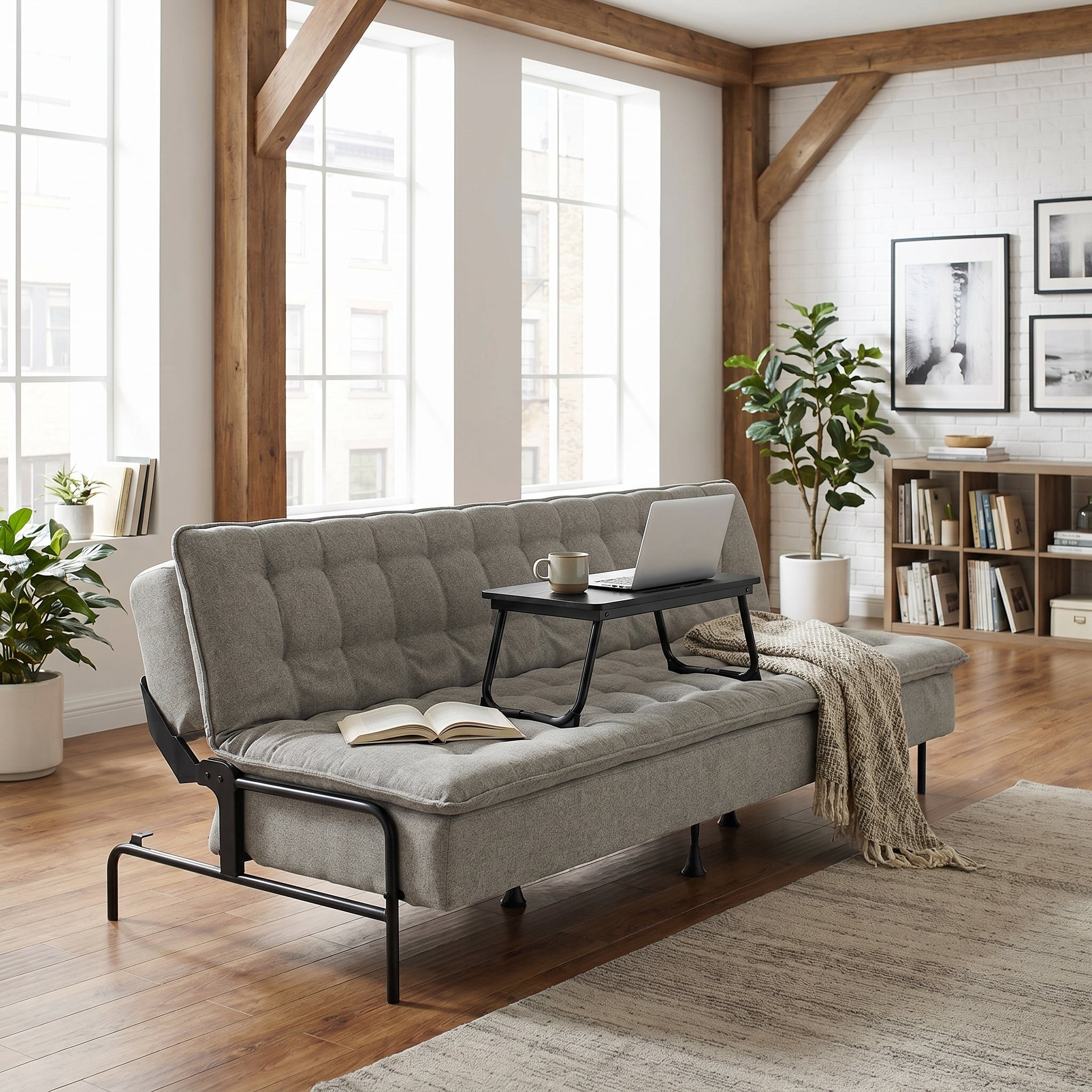 Homy Casa Jako+Mamie Living Room Furniture Set Grey Sofa Bed with Black Wood Laptop Table