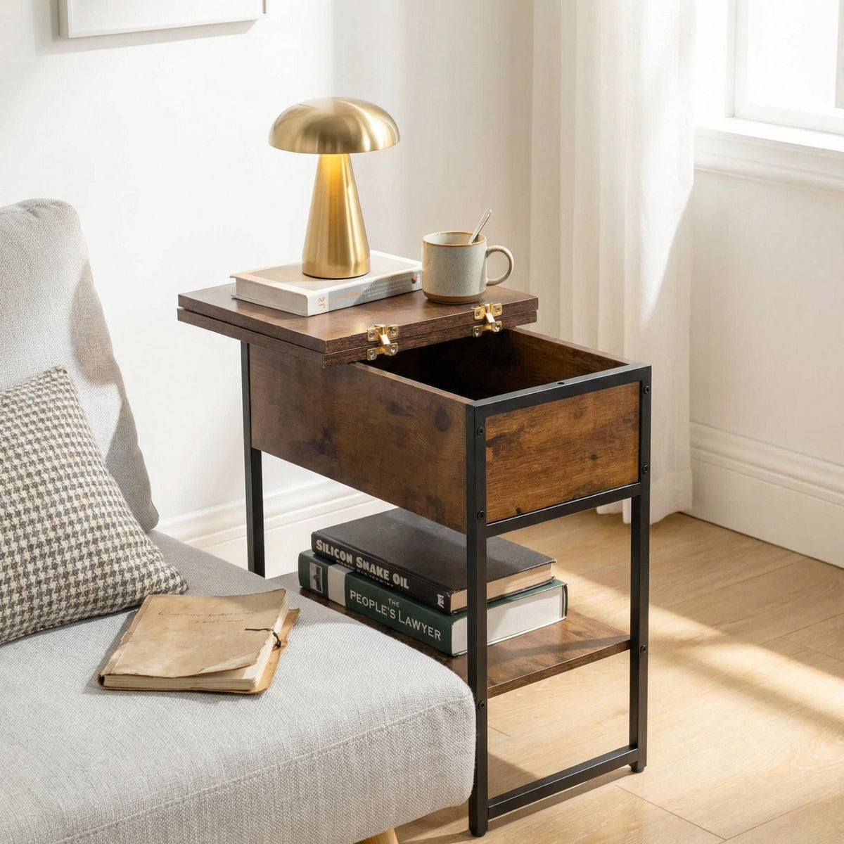 Homy Casa Narrow Side Table with Storage and USB Outlet