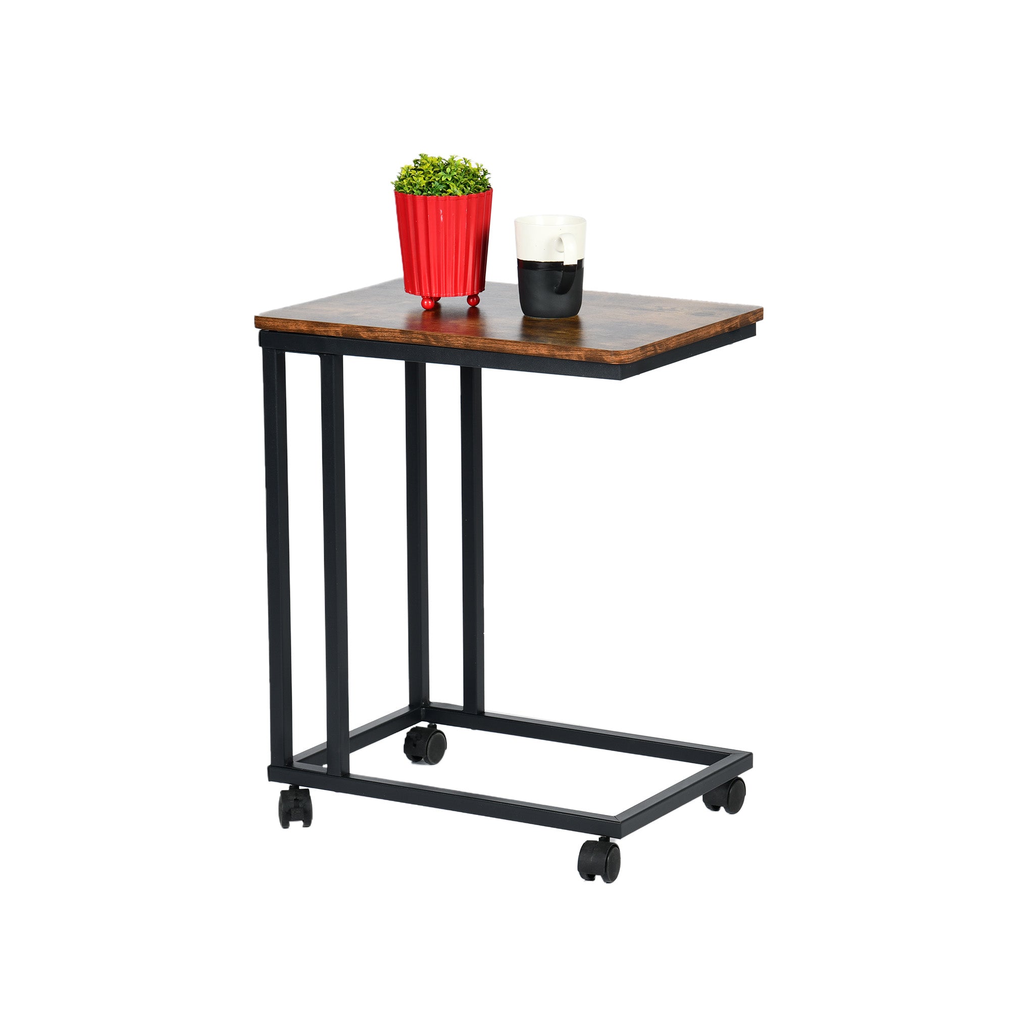 Jenden 20” C-Shaped Sofa End Table, Mobile Labtop Side Table with Wheels