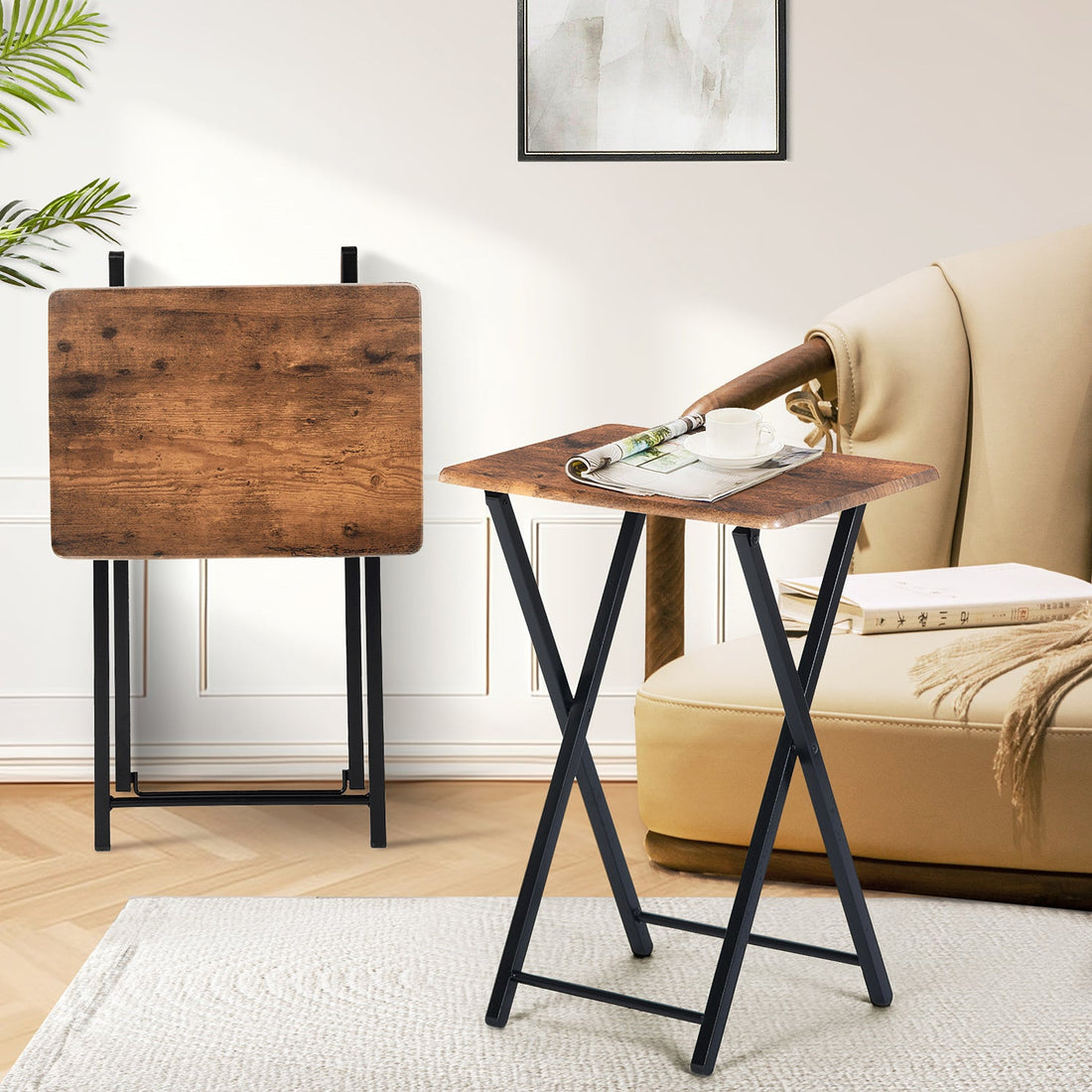 vintage brown foldable side table set of 2 - compact design - versatile use in living room or bedroom - sturdy construction with space-saving features
