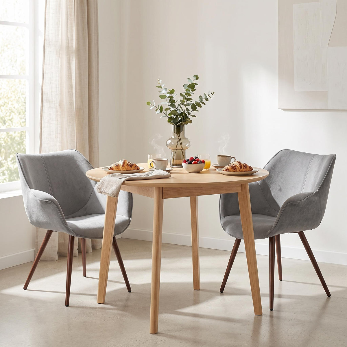 Homy Casa JULIAN 2PC Upholstered Dining Chair Set with Armrests and Walnut Finish Legs in Gray Open Box