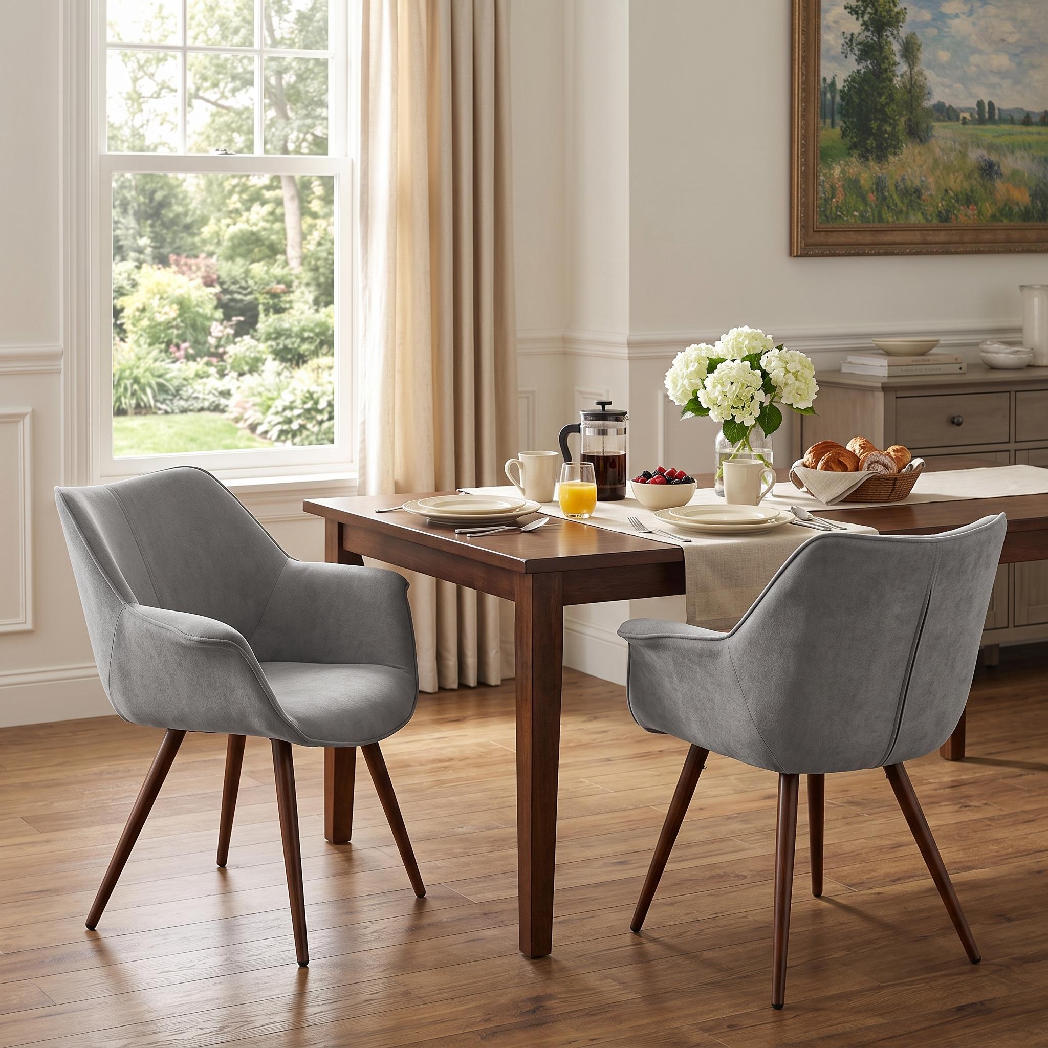 Homy Casa JULIAN 2PC Upholstered Dining Chair Set with Armrests and Walnut Finish Legs in Gray Open Box