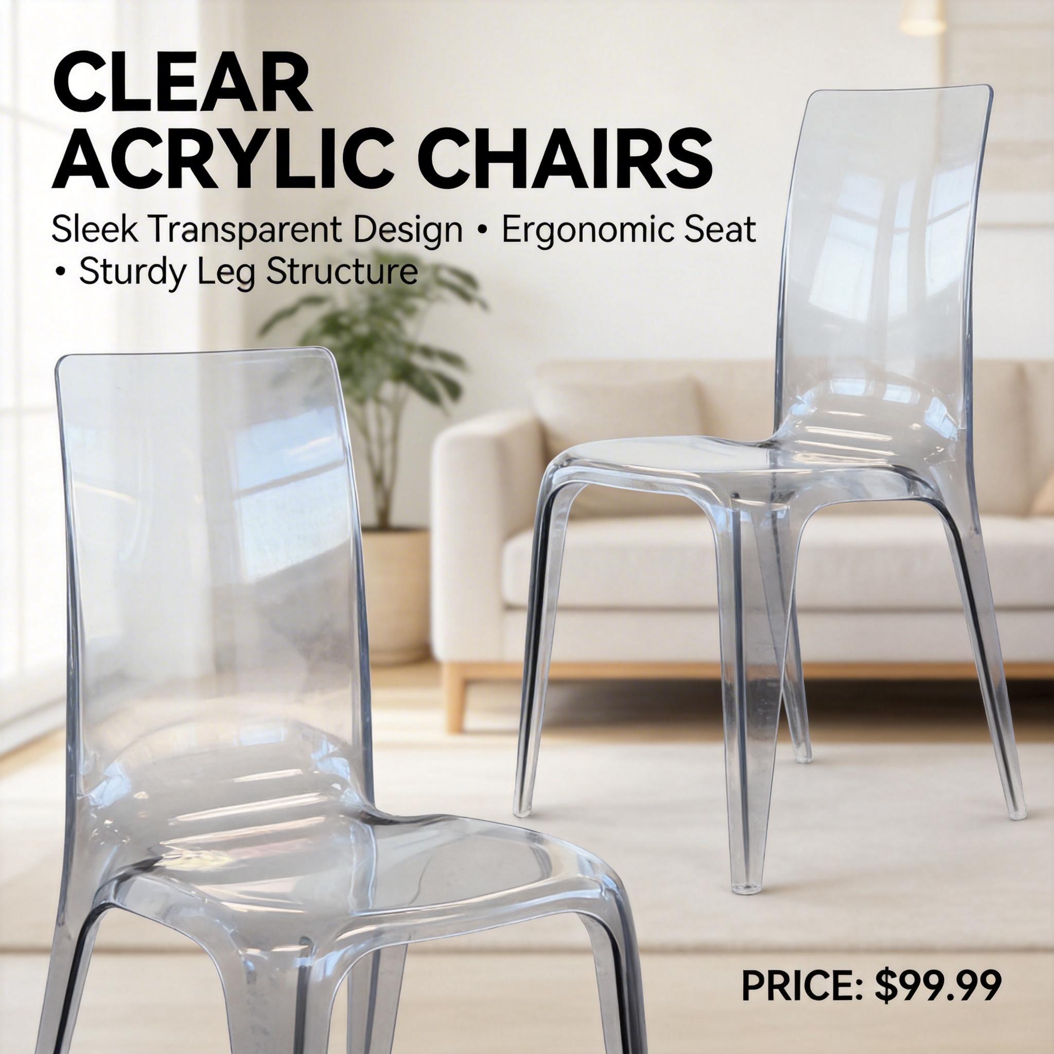 Homy Casa Juliette 2PC Transparent Dining Chairs Clear Minimalist Acrylic Ghost Style Accent Chairs