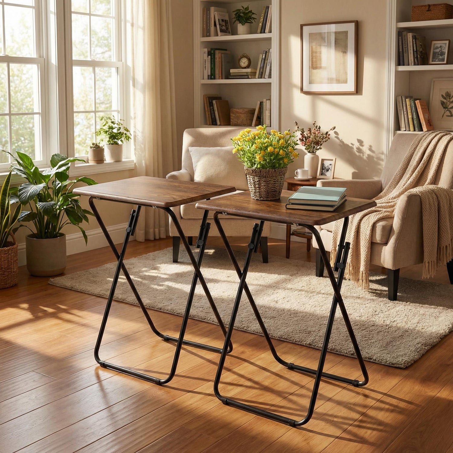 JOEY 2PC Folding TV Tray Table, 19” Wide Rustic Wood Top, Metal