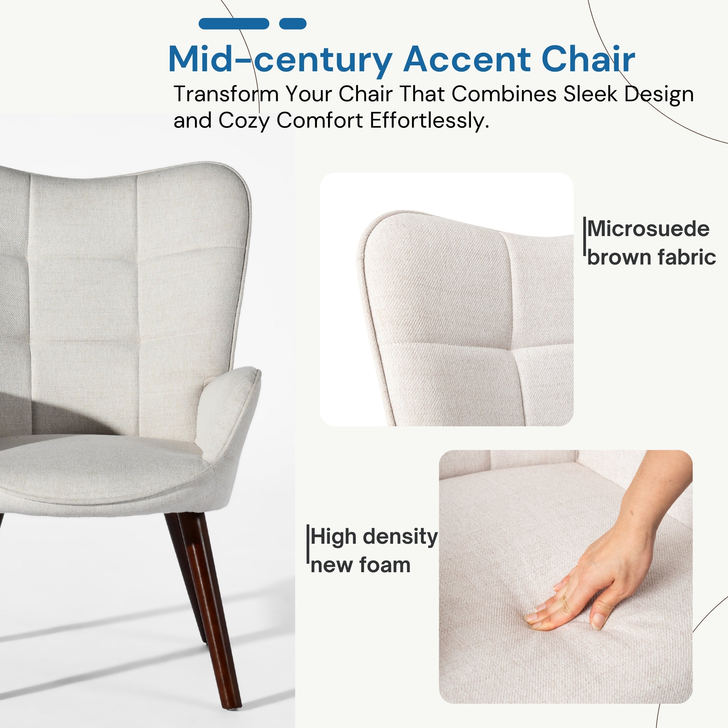 Homy Casa Kanas Wingback Accent Chair Fabric Upholstered Arm Chair, Beige