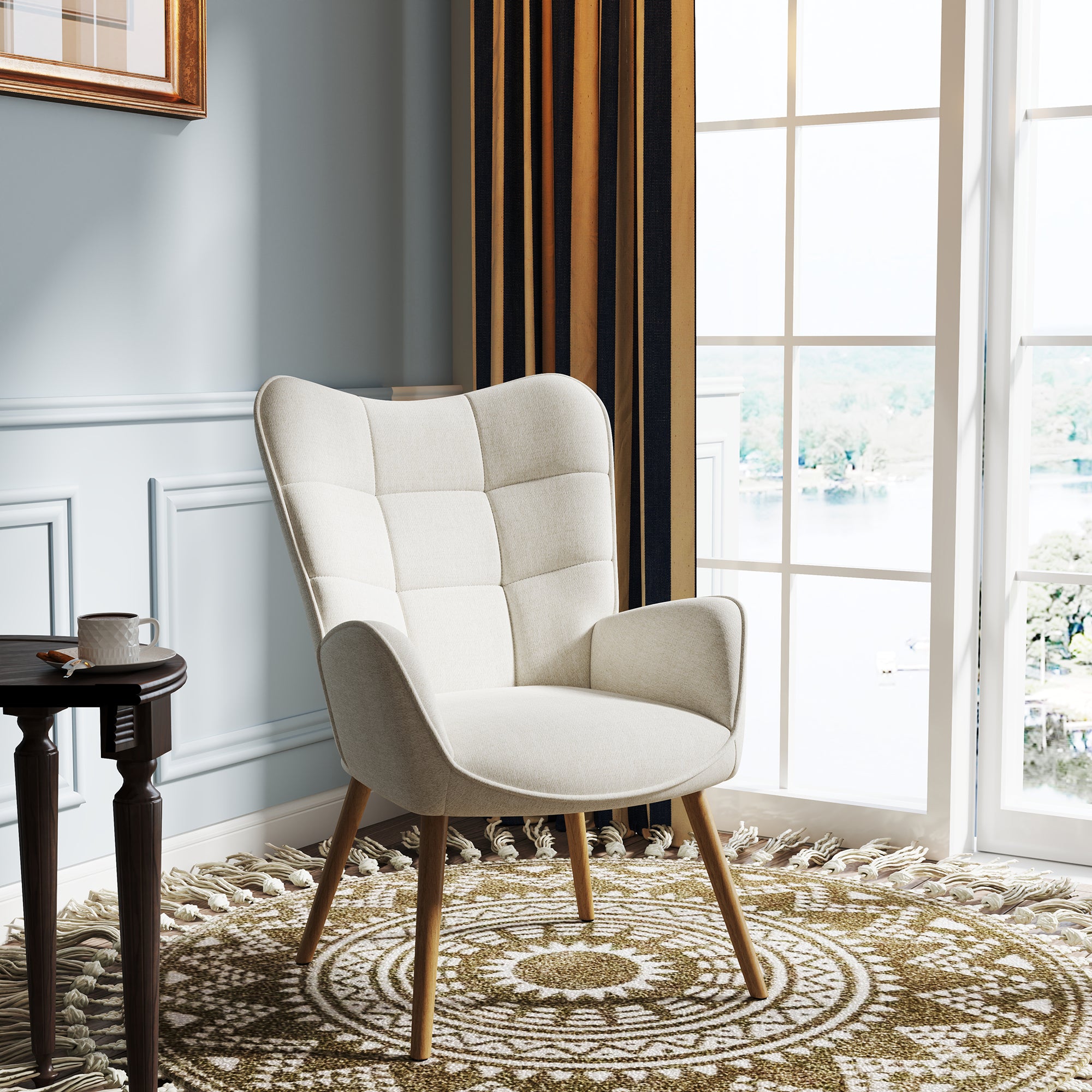 Homy Casa Kanas Beige Wingback Accent Chair Fabric Upholstered Armchair Open Box