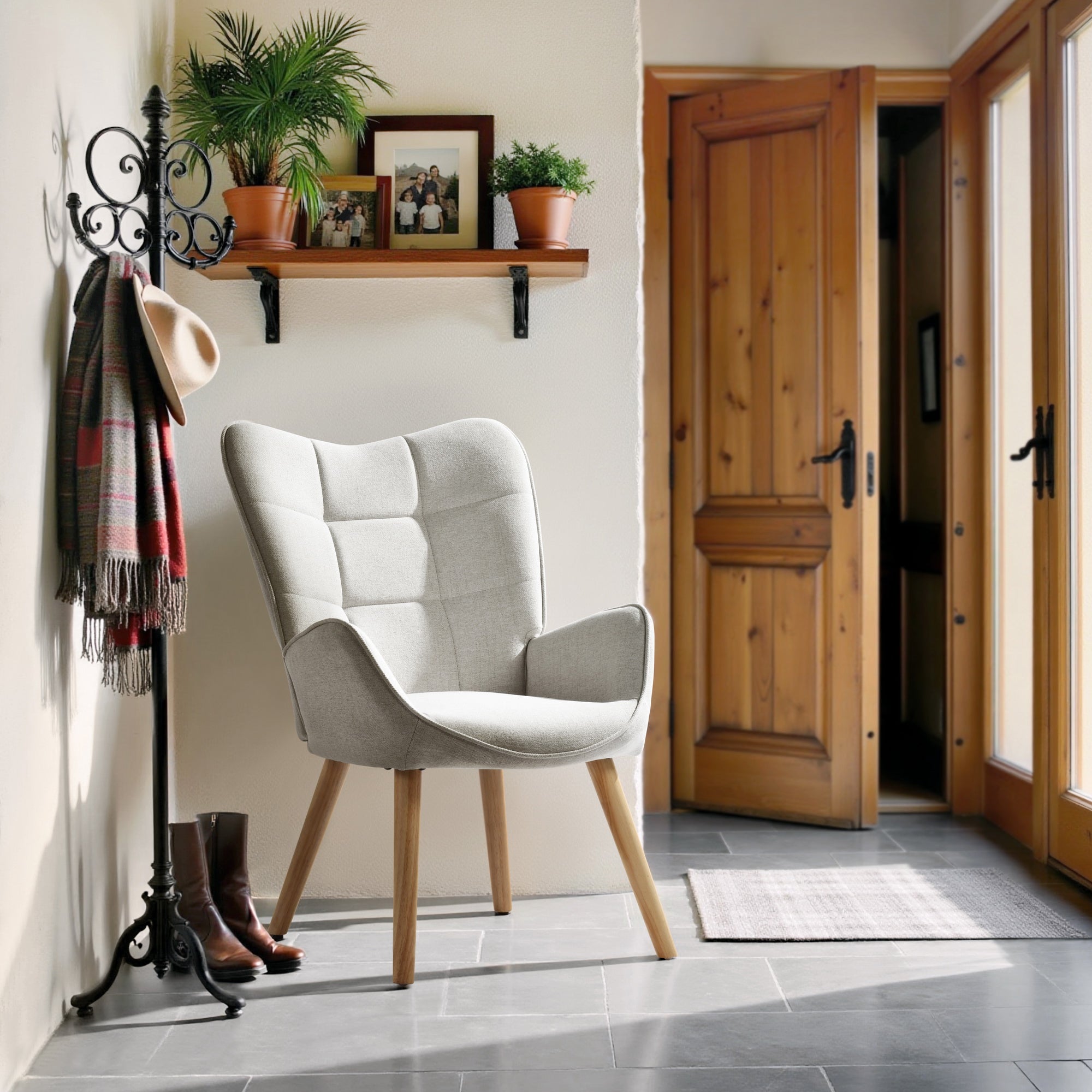 Homy Casa Kanas Beige Wingback Accent Chair Fabric Upholstered Armchair Open Box
