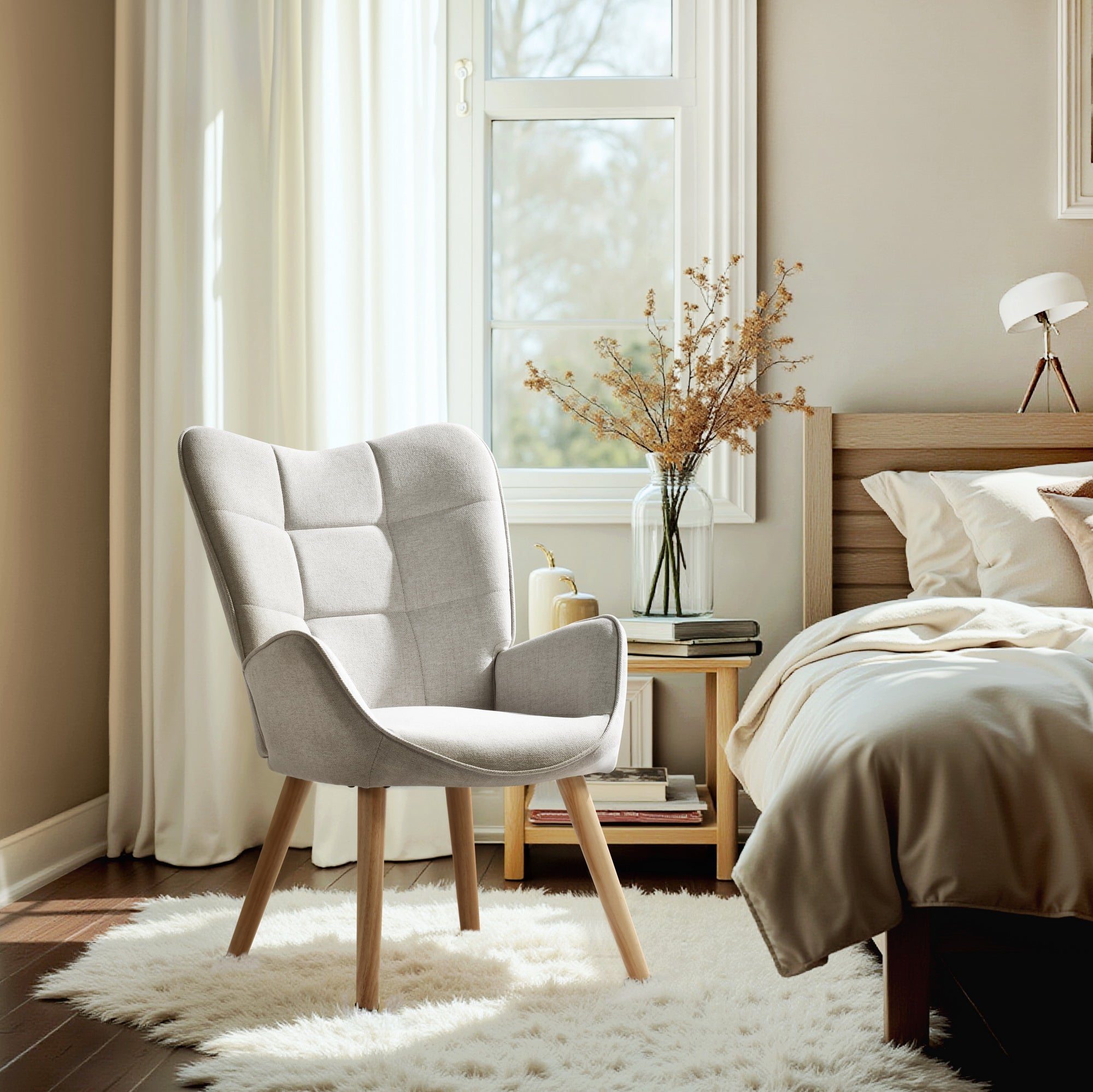 Homy Casa Kanas Beige Wingback Accent Chair Fabric Upholstered Armchair Open Box