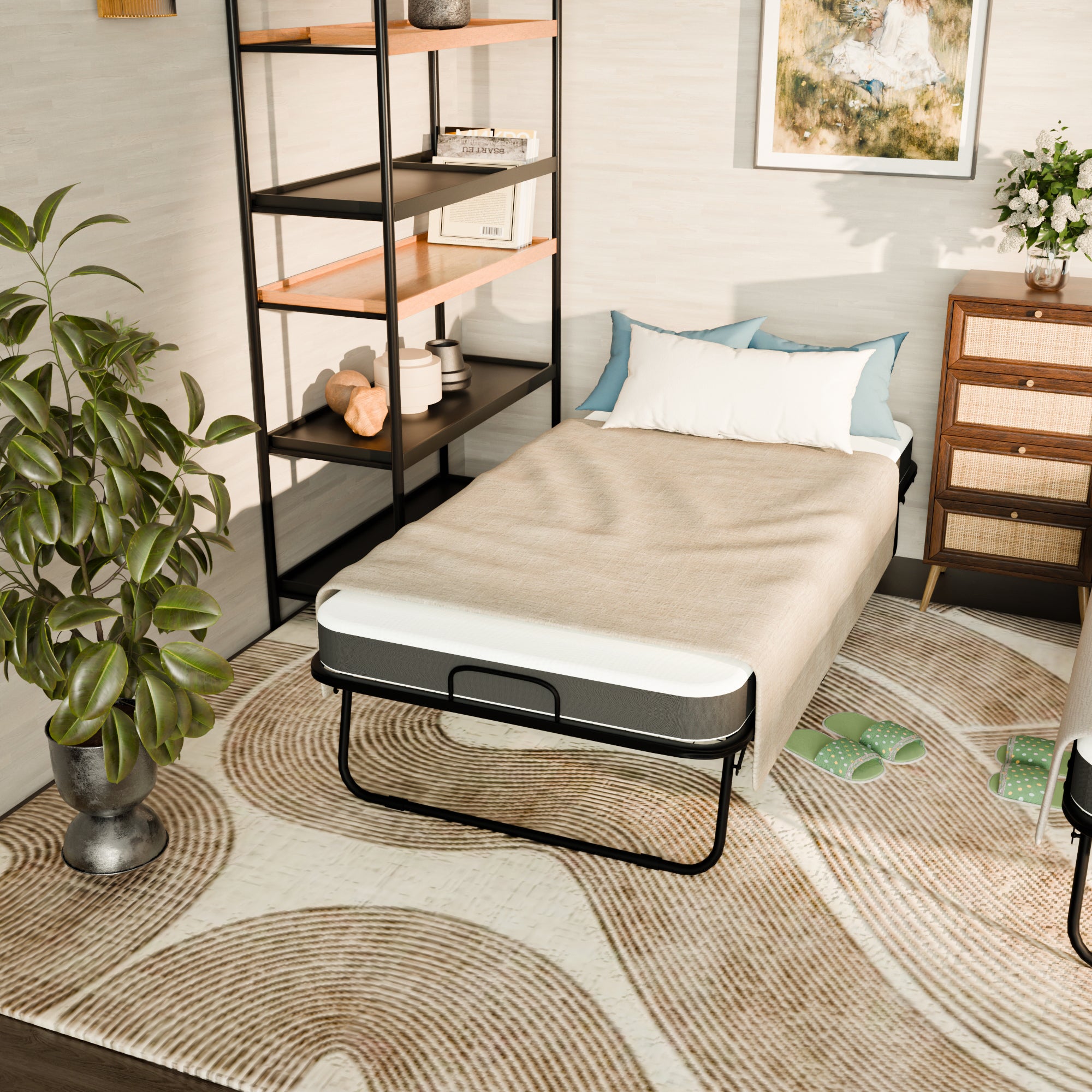 KAREN Rollaway Folding Bed with 12 cm Mattress, 31" Wide Portable Guest Bed on Wheels, Metal Frame, Space-Saving Foldable Cot, Small Single, Gray
