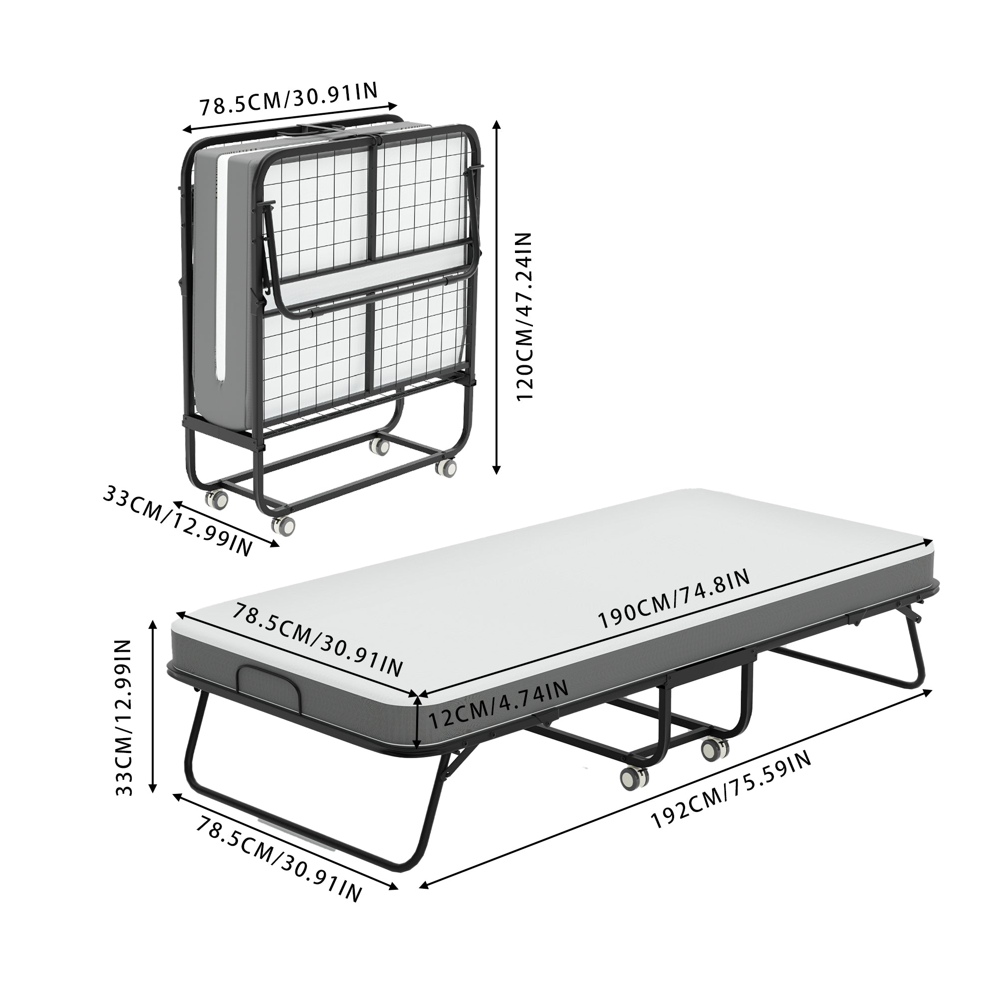 KAREN Rollaway Folding Bed with 12 cm Mattress, 31" Wide Portable Guest Bed on Wheels, Metal Frame, Space-Saving Foldable Cot, Small Single, Gray