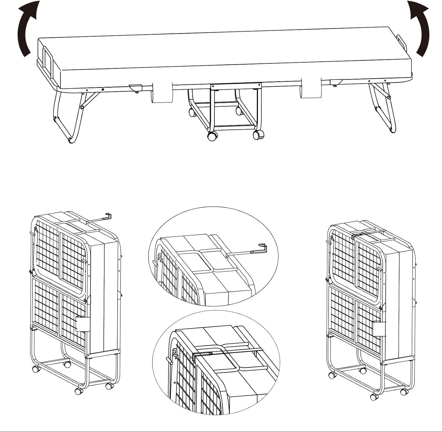 Karen 31“ Rollaway Folding Bed with 4.7“ Mattress, Portable Guest Bed on Wheels, Metal Frame, Space-Saving Foldable Cot, Single Size, Gray