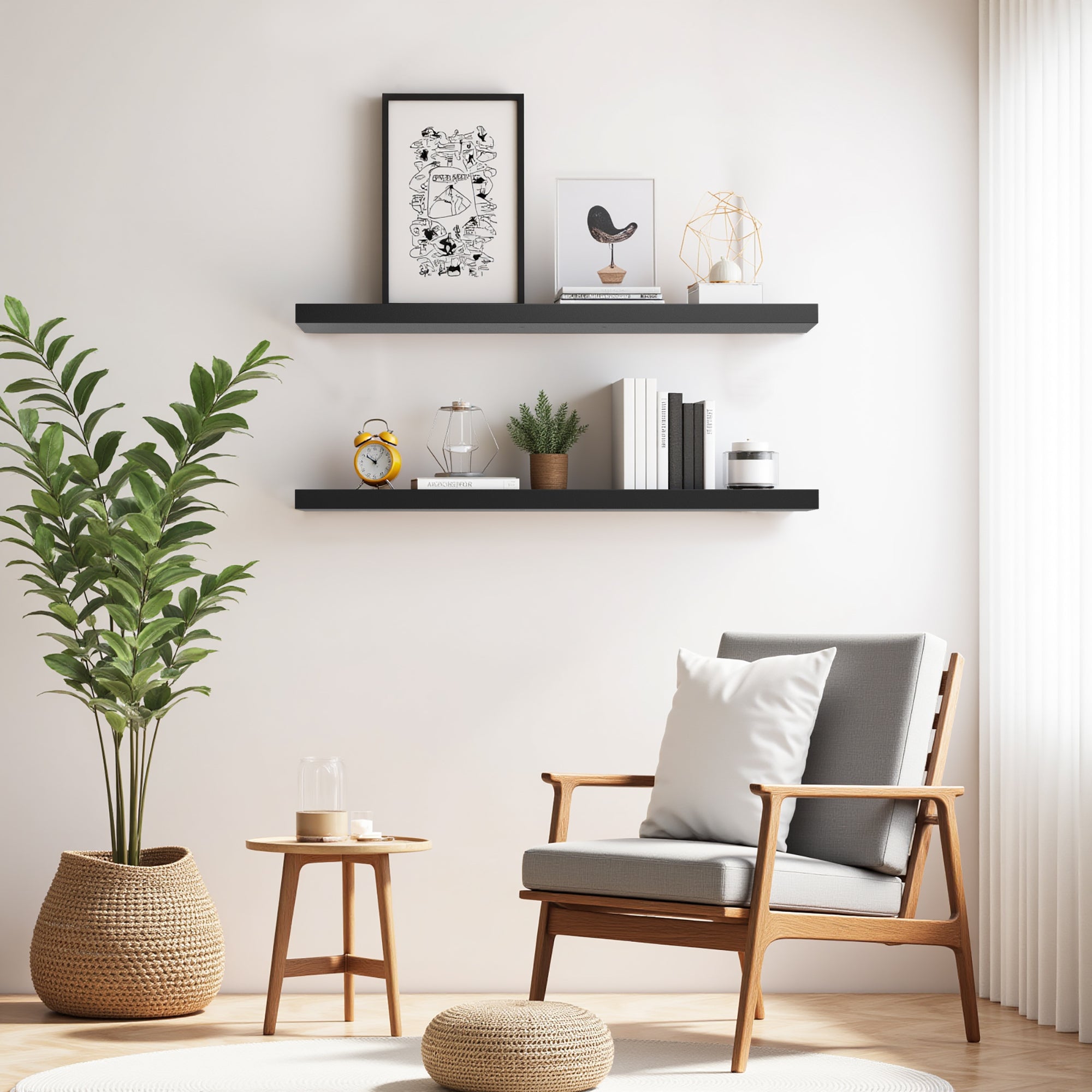 KARI Floating Shelves Set of 2, 31.5 x 9.2 in, Black Wall Shelves with Hidden Brackets for Living Room Bathroom Bedroom