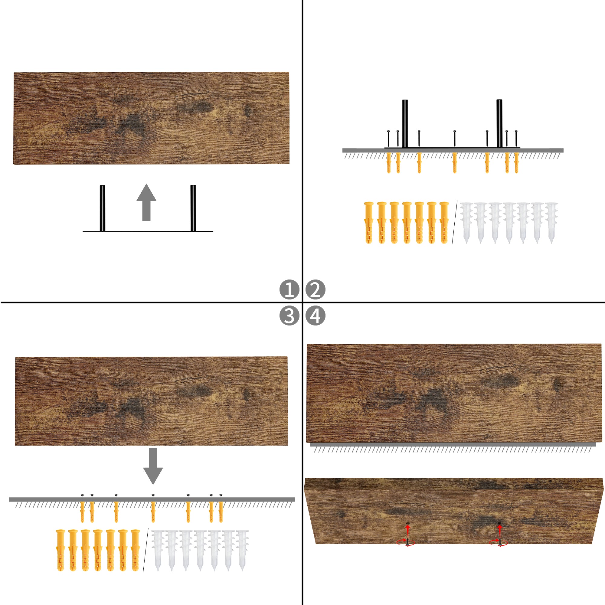 Homy Casa Kari 4PC Vintage Brown Floating Shelves Wall Shelves with Hidden Brackets for Living Room Bathroom Bedroom